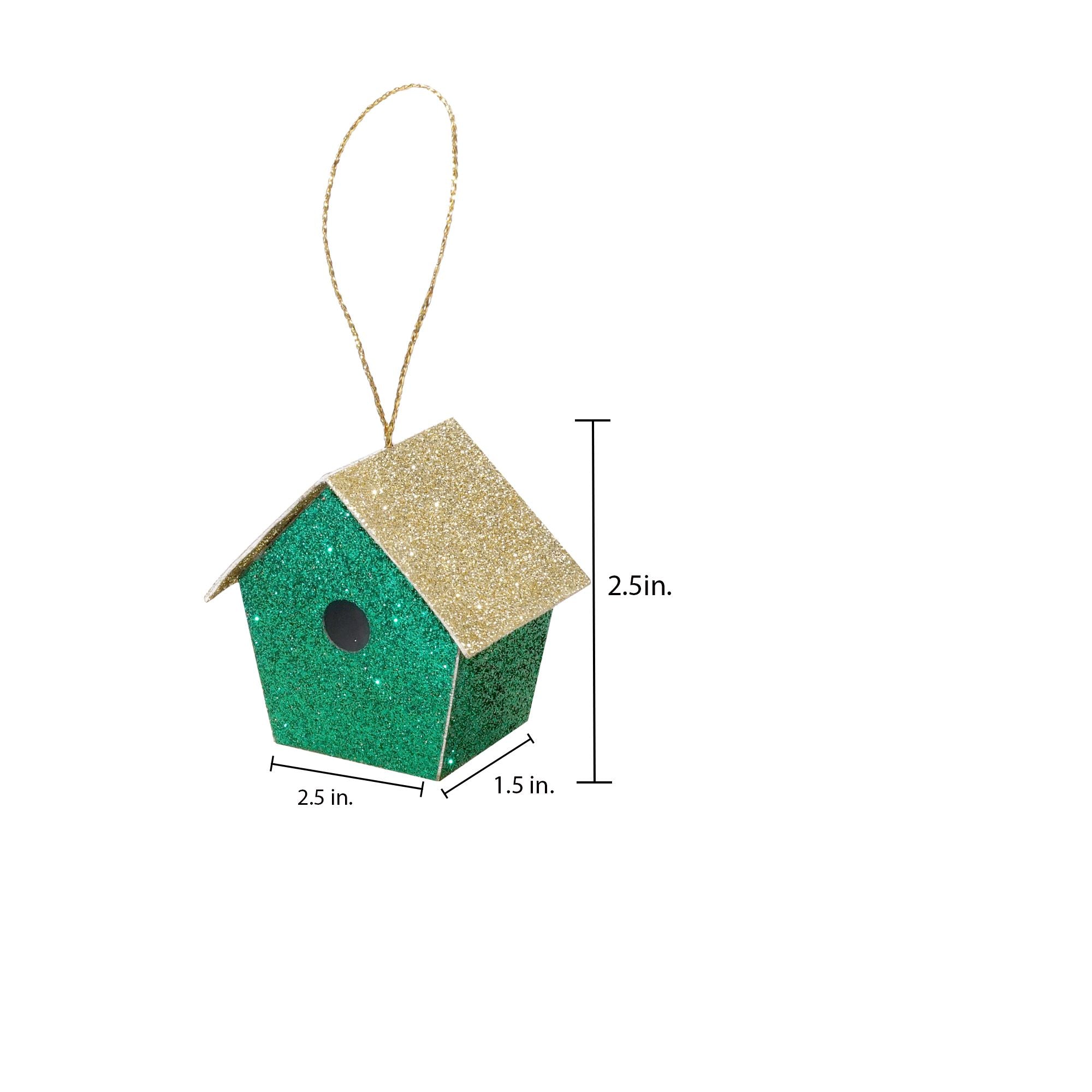 Handmade Christmas Ornaments - Glitter Bird house, Height 2.5 X Width 2.5 X Length1.5inch, Green, 4pc