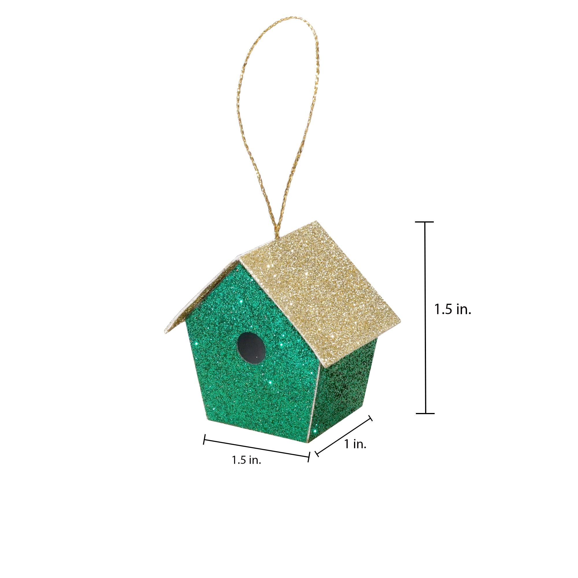 Handmade Christmas Ornaments - Glitter Bird house, H 1.5 X W 1.5 X L 1inch, Green, 8pc