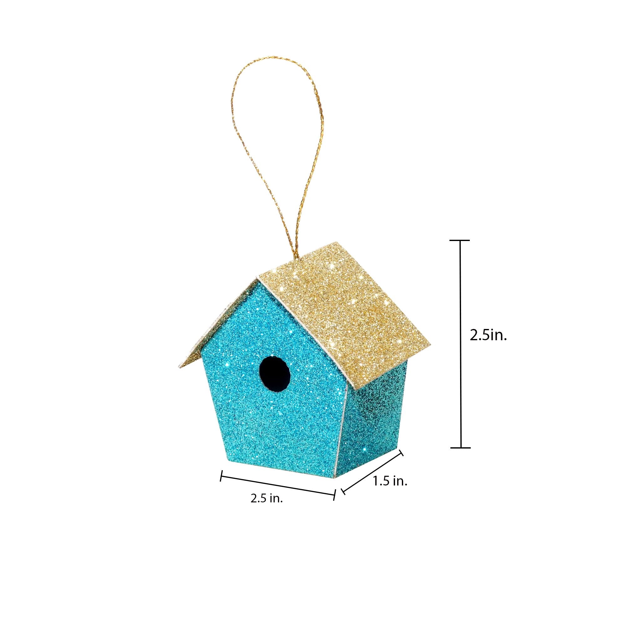 Handmade Christmas Ornaments - Glitter Bird house, Height 2.5 X Width 2.5 X Length1.5inch, Blue, 4pc