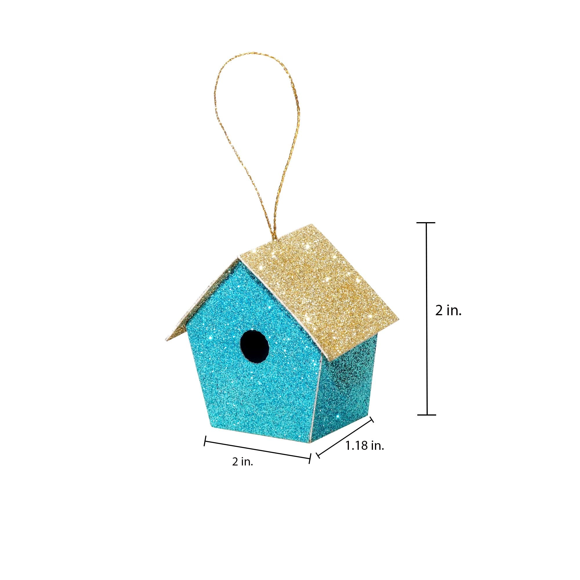 Handmade Christmas Ornaments - Glitter Bird house, Height 2 X Width 2 X Length 1.18inch, Blue, 6pc