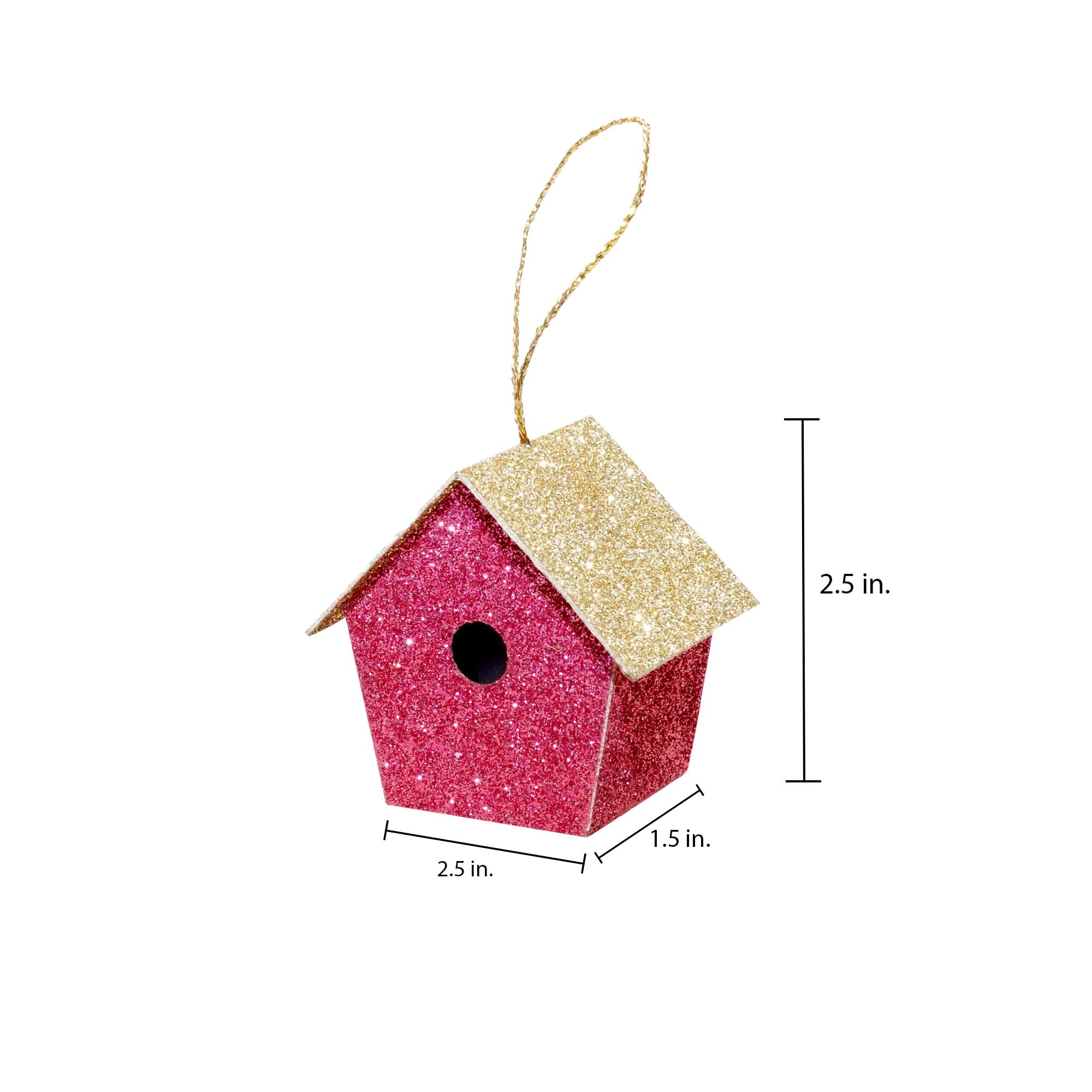 Handmade Christmas Ornaments - Glitter Bird house, Height 2.5 X Width 2.5 X Length1.5inch, Pink, 4pc