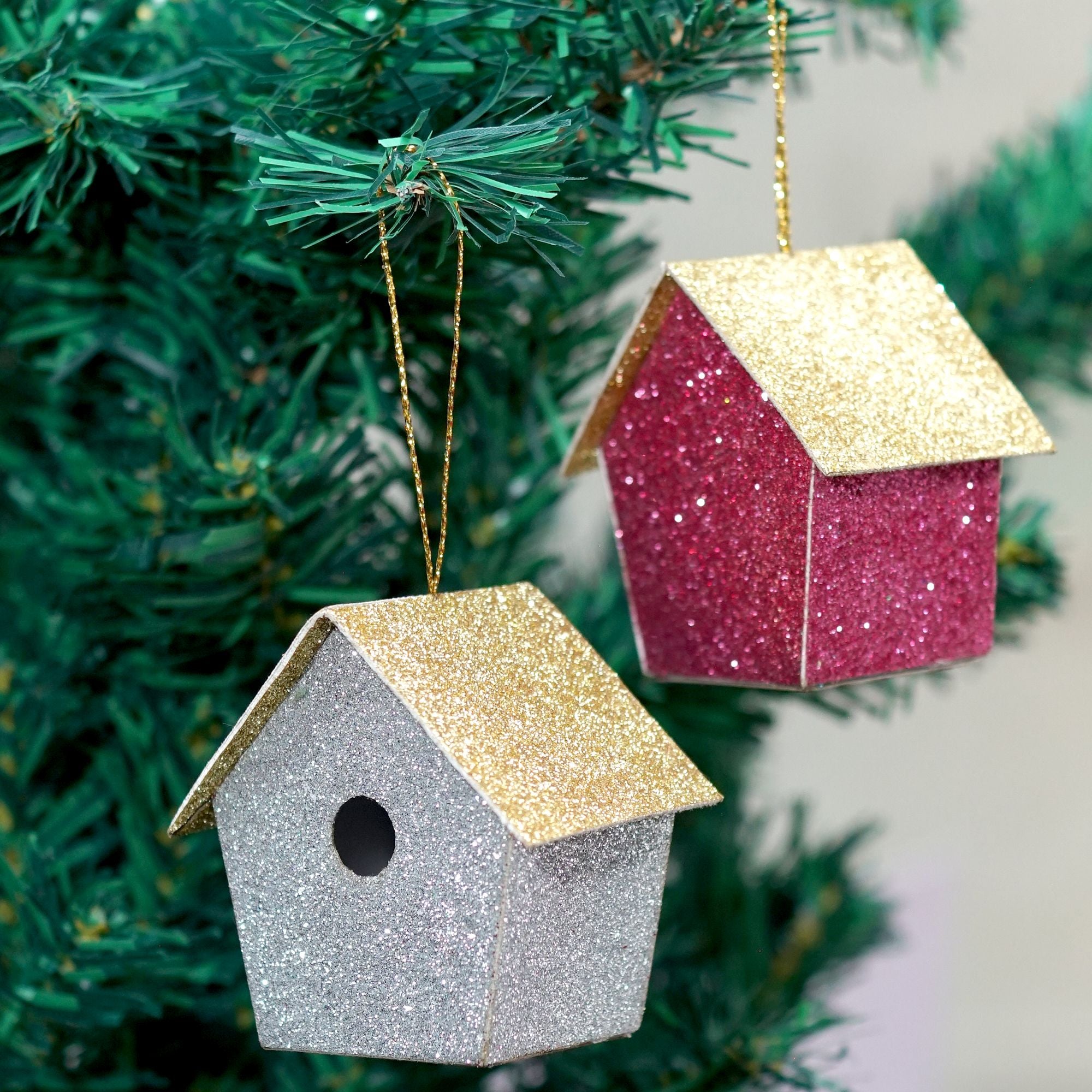 Handmade Christmas Ornaments - Glitter Bird house, Height 2.5 X Width 2.5 X Length1.5inch Assorted Colours - Blue, Purple, Silver, Pink, 4pc