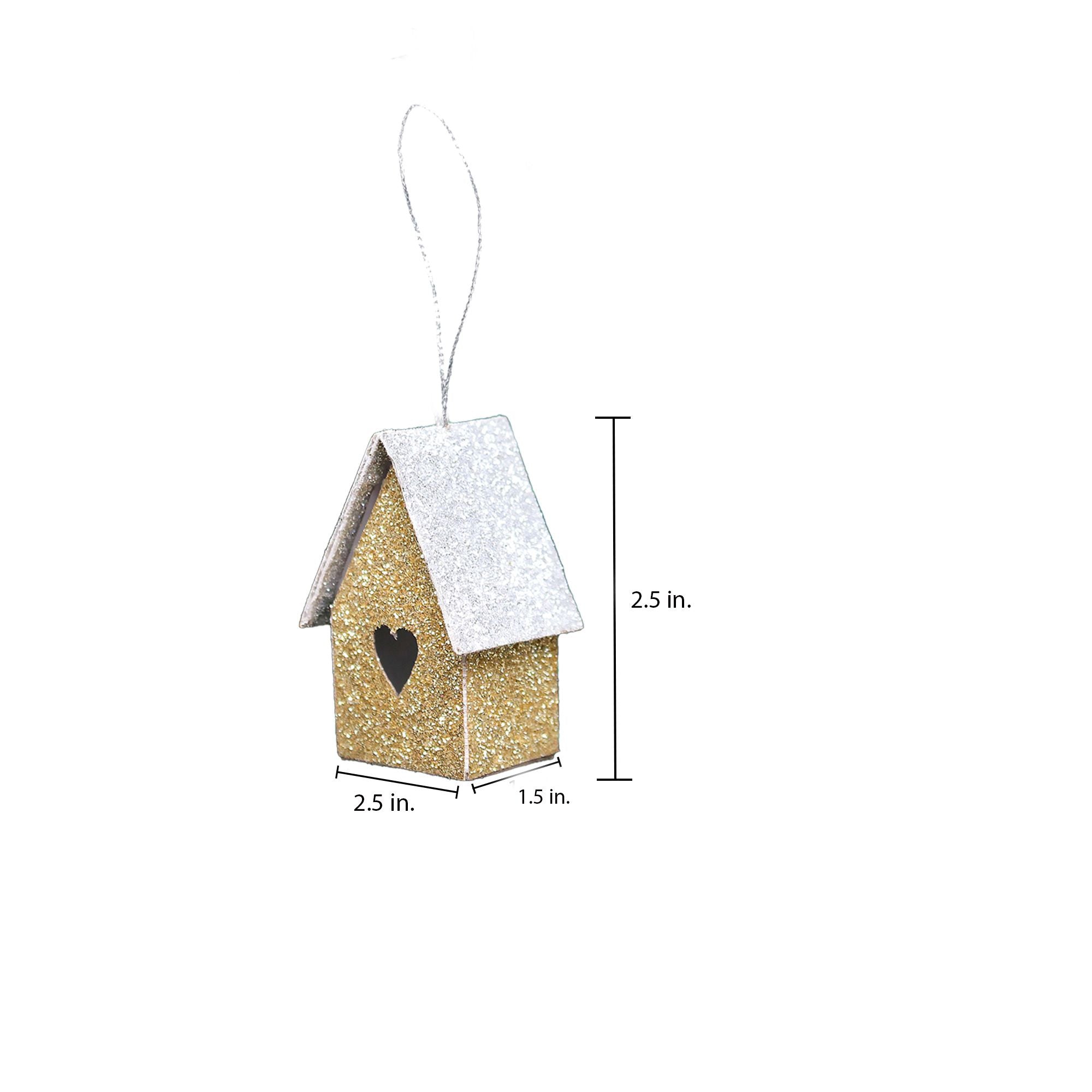 Handmade Christmas Ornaments - Glitter Bird house, Height 2.5 X Width 2.5 X Length 1.5inch, Gold, 4pc