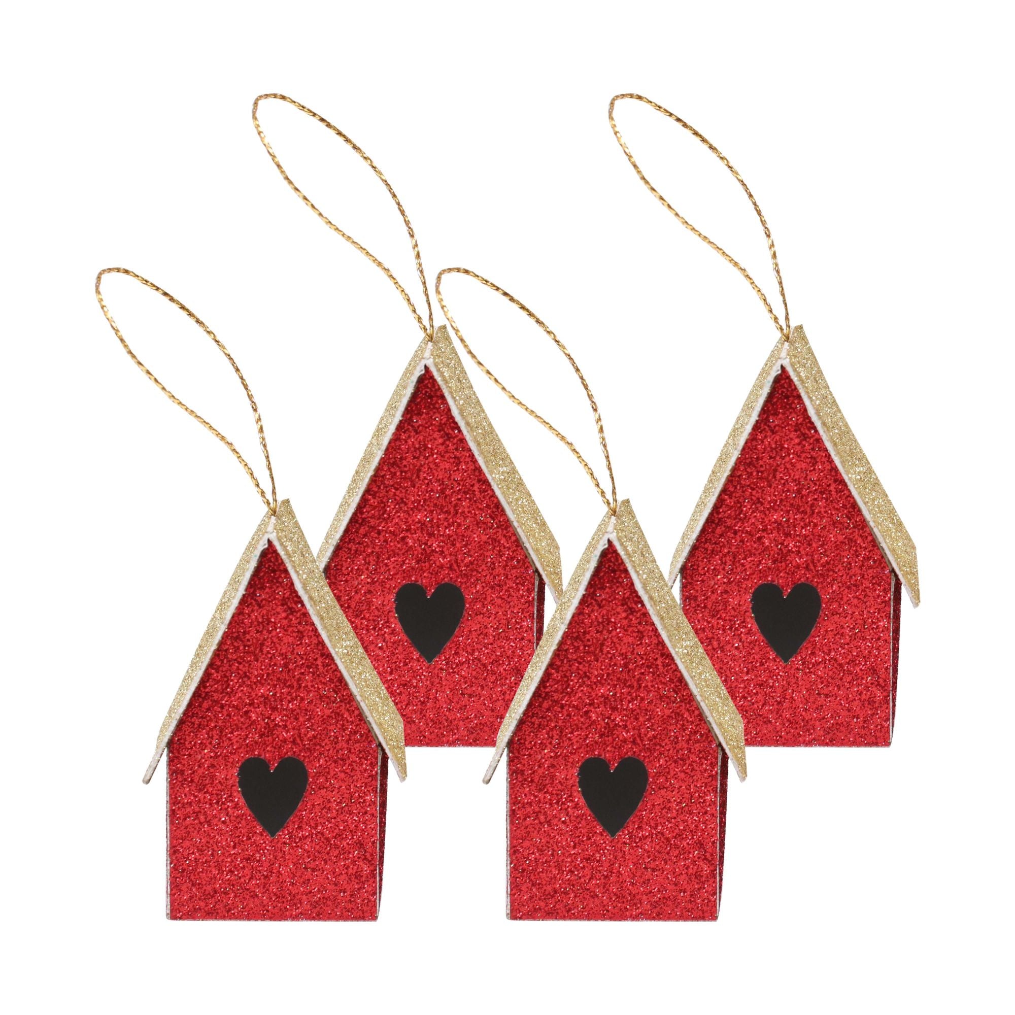 Handmade Christmas Ornaments - Glitter Bird house, Height 2.5 X Width 2.5 X Length 1.5inch, Red, 4pc