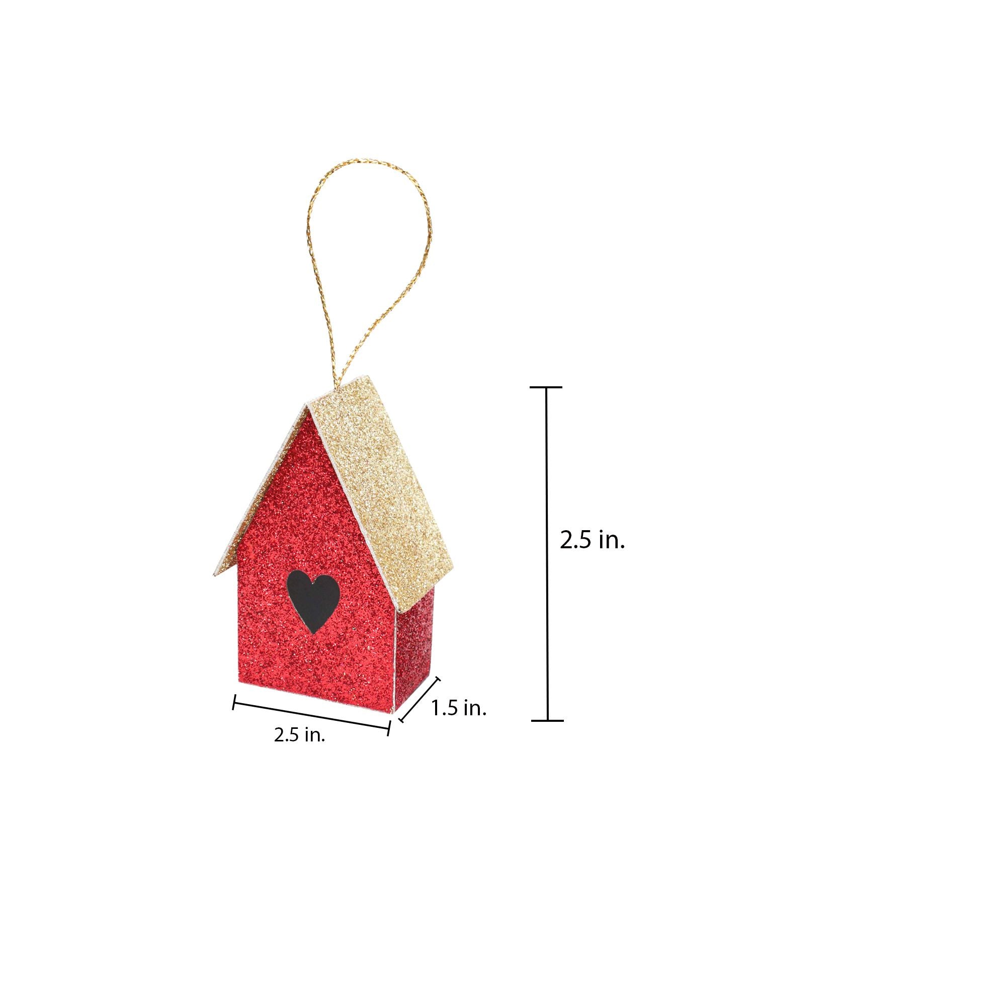 Handmade Christmas Ornaments - Glitter Bird house, Height 2.5 X Width 2.5 X Length 1.5inch, Red, 4pc