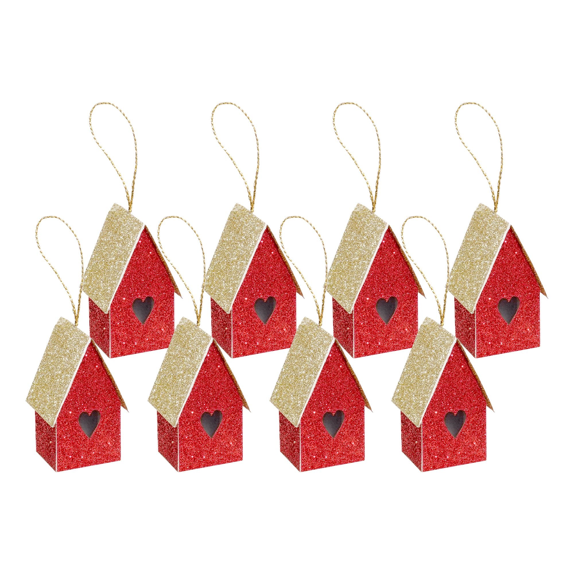 Handmade Christmas Ornaments - Glitter Bird house  H 1.5 X W1.5 X L 1inch, Red, 8pc