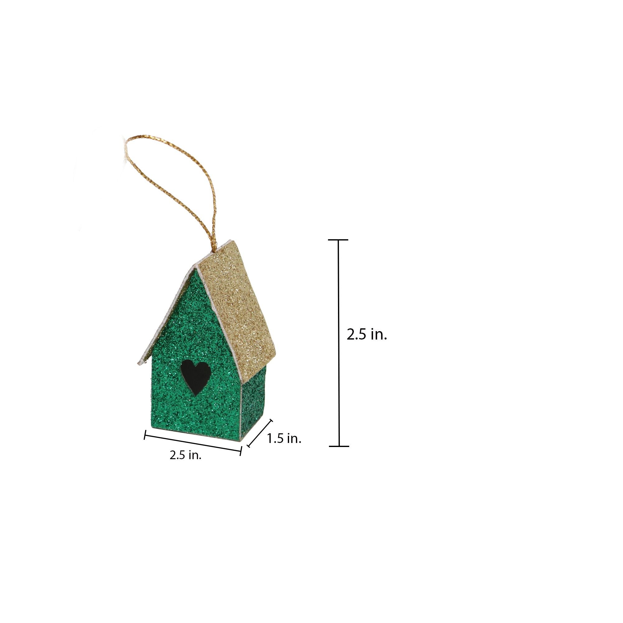 Handmade Christmas Ornaments - Glitter Bird house Height 2.5 X Width2.5 X Length1.5inch, Green, 4pc