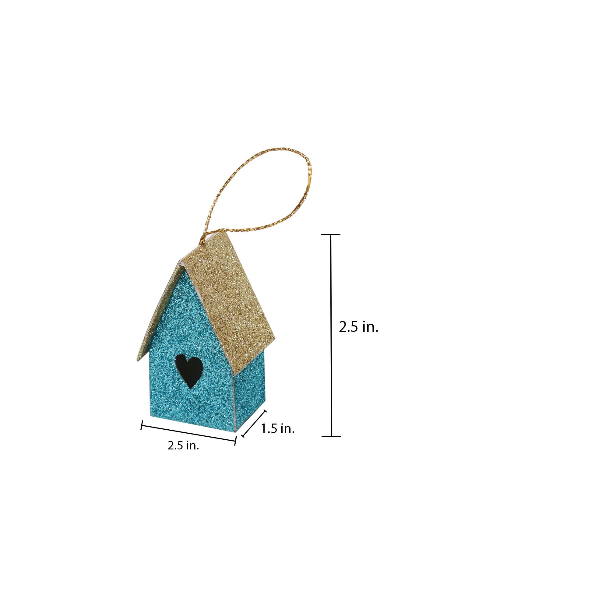 Handmade Christmas Ornaments - Glitter Bird house Height 2.5 X Width2.5 X Length1.5inch, Blue, 4pc