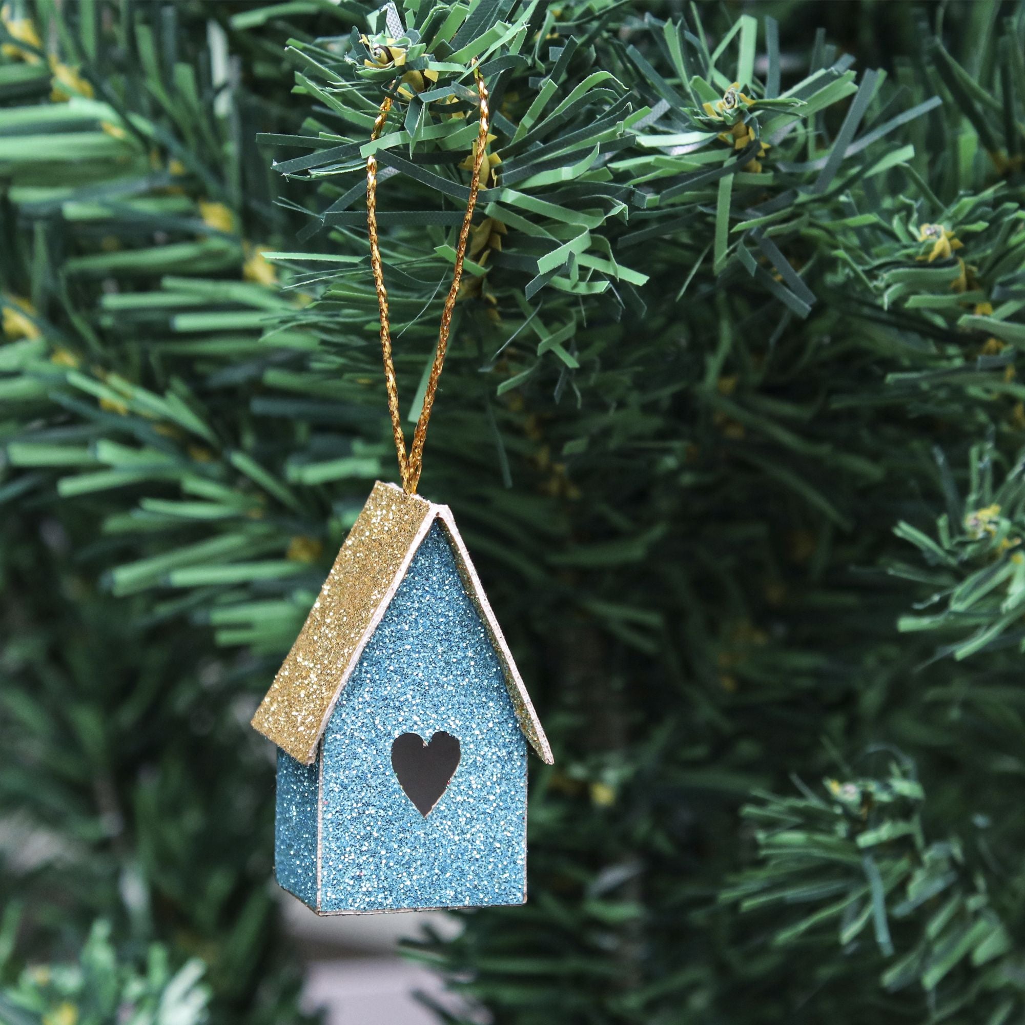Handmade Christmas Ornaments - Glitter Bird house H 1.5 X W 1.5 X L 1inch, Blue, 8pc