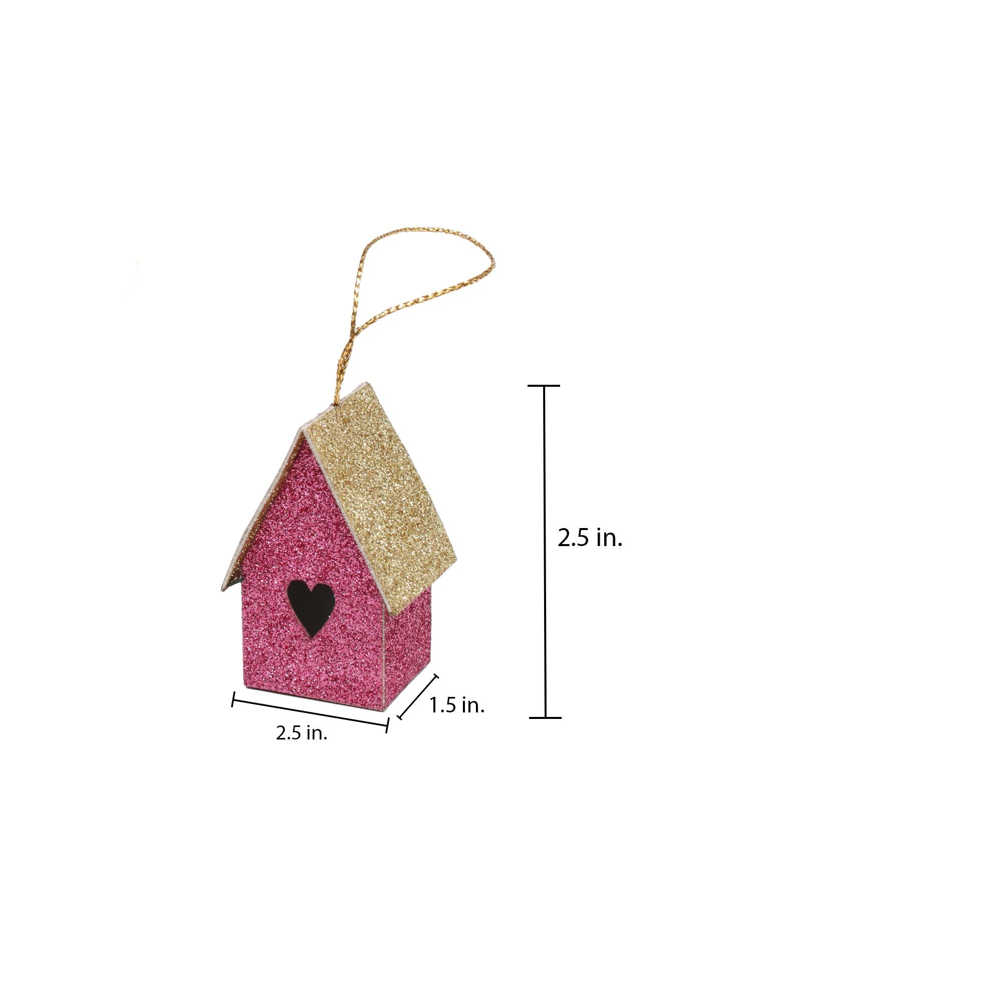 Handmade Christmas Ornaments - Glitter Bird house Height 2.5 X Width2.5 X Length1.5inch, Pink, 4pc