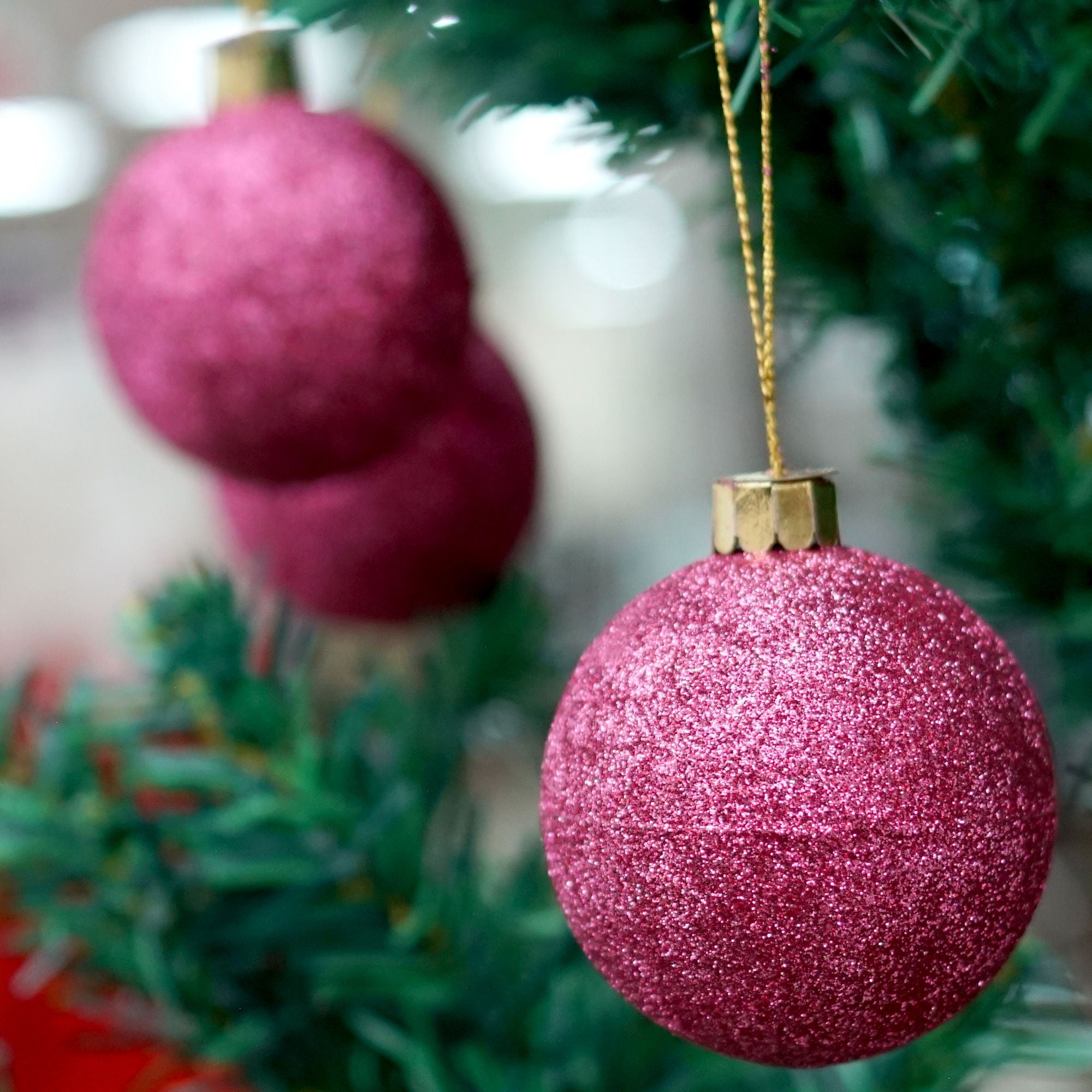 Handmade Christmas Ornaments - Glitter Baubles, 70mm, Pink, 4pc