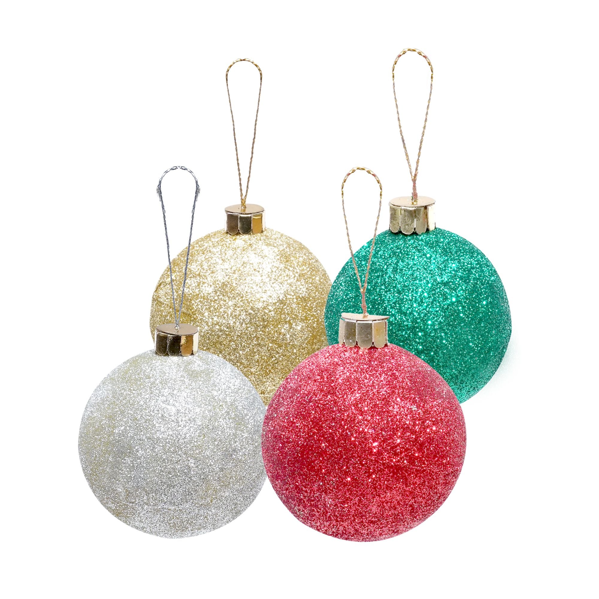 Handmade Christmas Ornaments - Glitter Baubles, 70mm, Assorted Colours - Gold, Red, Green, Silver, 4pc