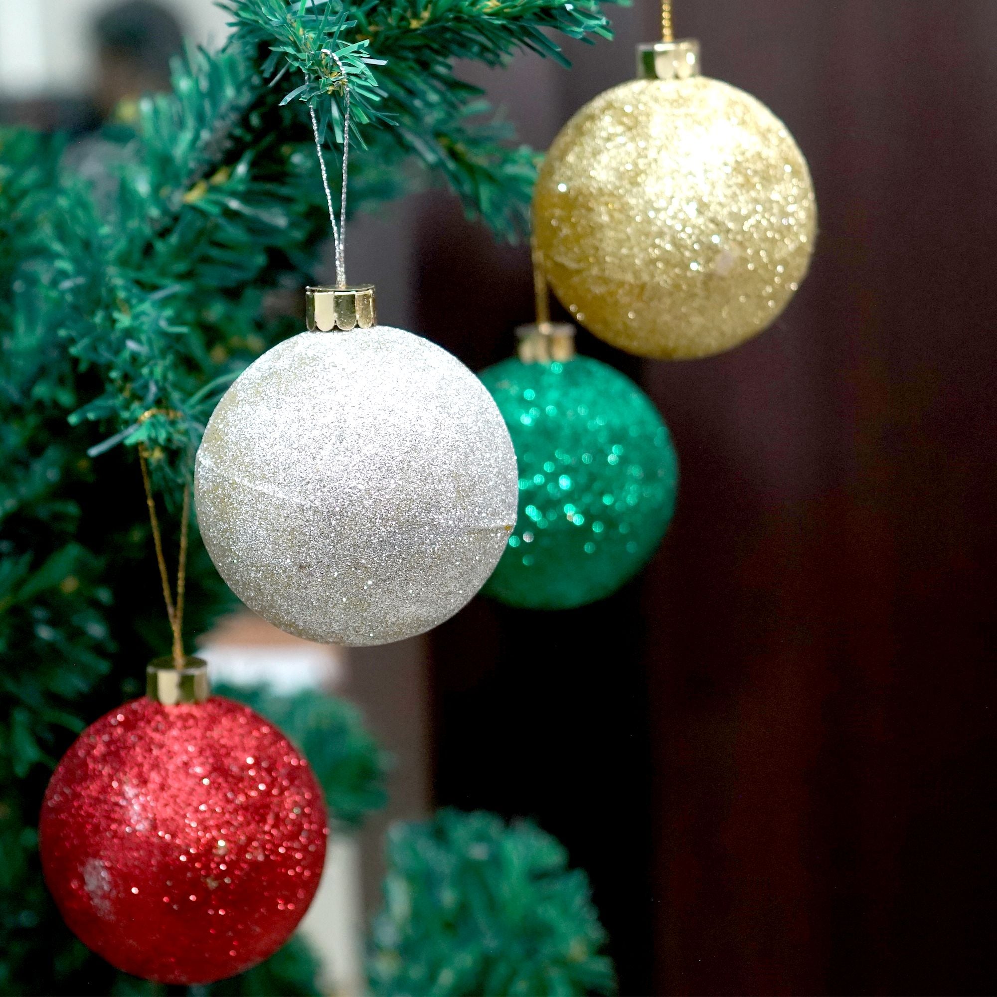 Handmade Christmas Ornaments - Glitter Baubles, 70mm, Assorted Colours - Gold, Red, Green, Silver, 4pc