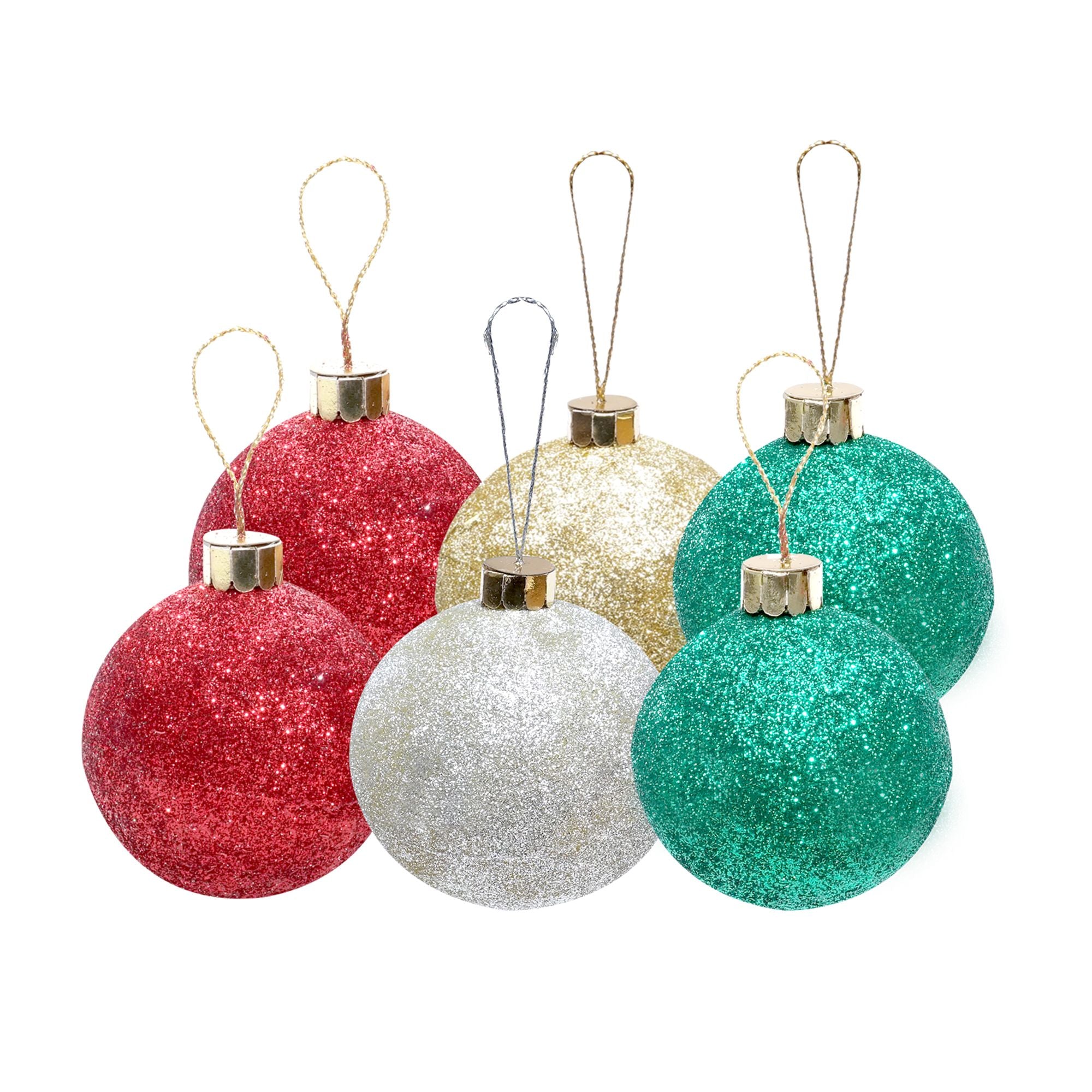 Handmade Christmas Ornaments - Glitter Baubles, 60mm, Assorted Colours - Gold, Red, Green, Silver, 6pc