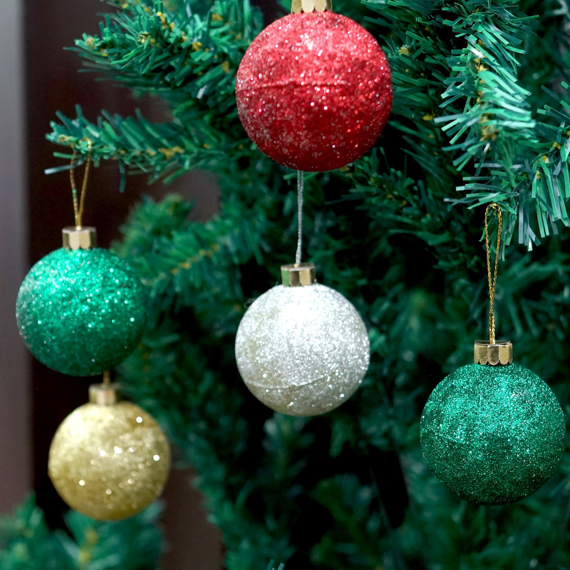 Handmade Christmas Ornaments - Glitter Baubles, 60mm, Assorted Colours - Gold, Red, Green, Silver, 6pc
