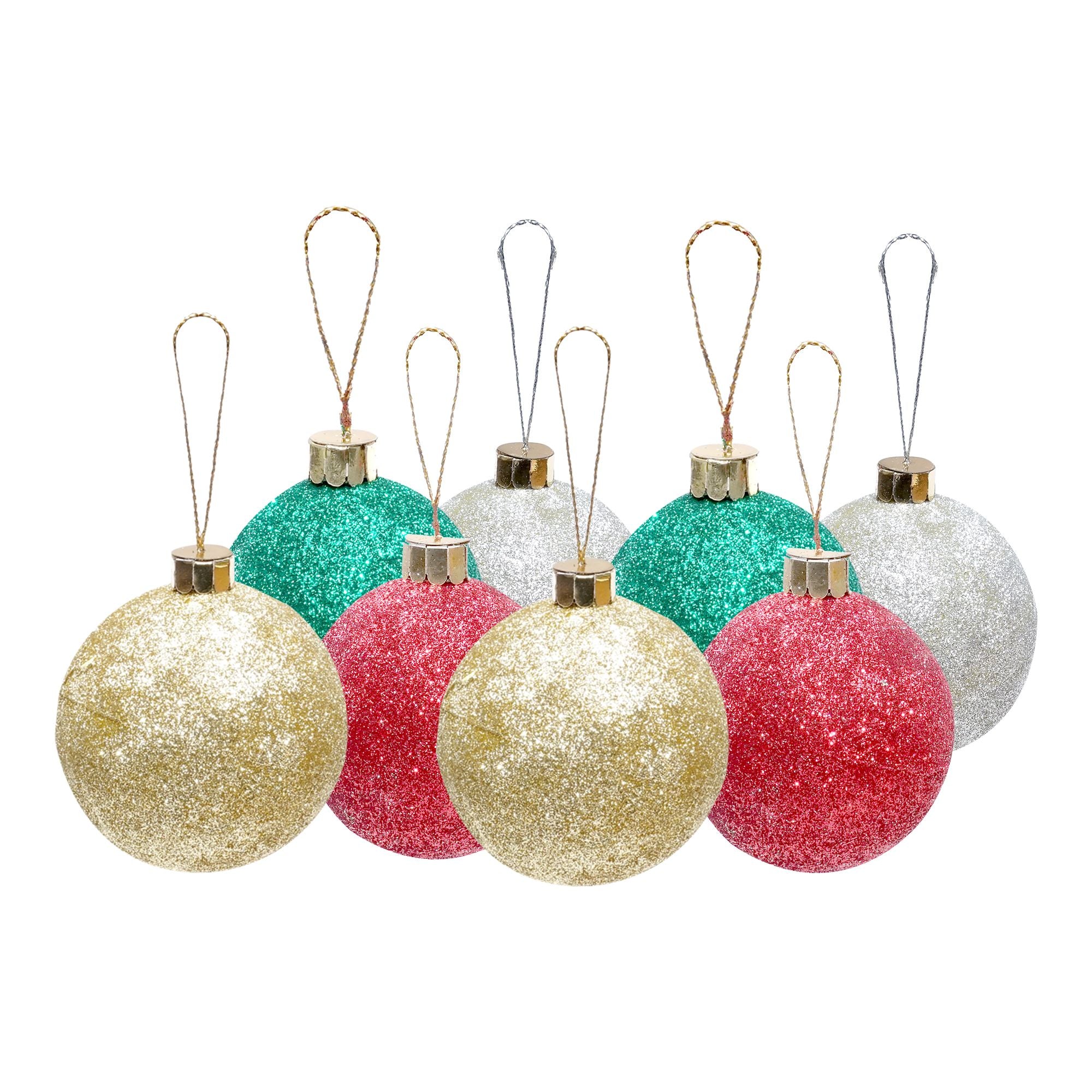 Handmade Christmas Ornaments - Glitter Baubles, 50mm, Assorted Colours - Gold, Red, Green, Silver, 8pc