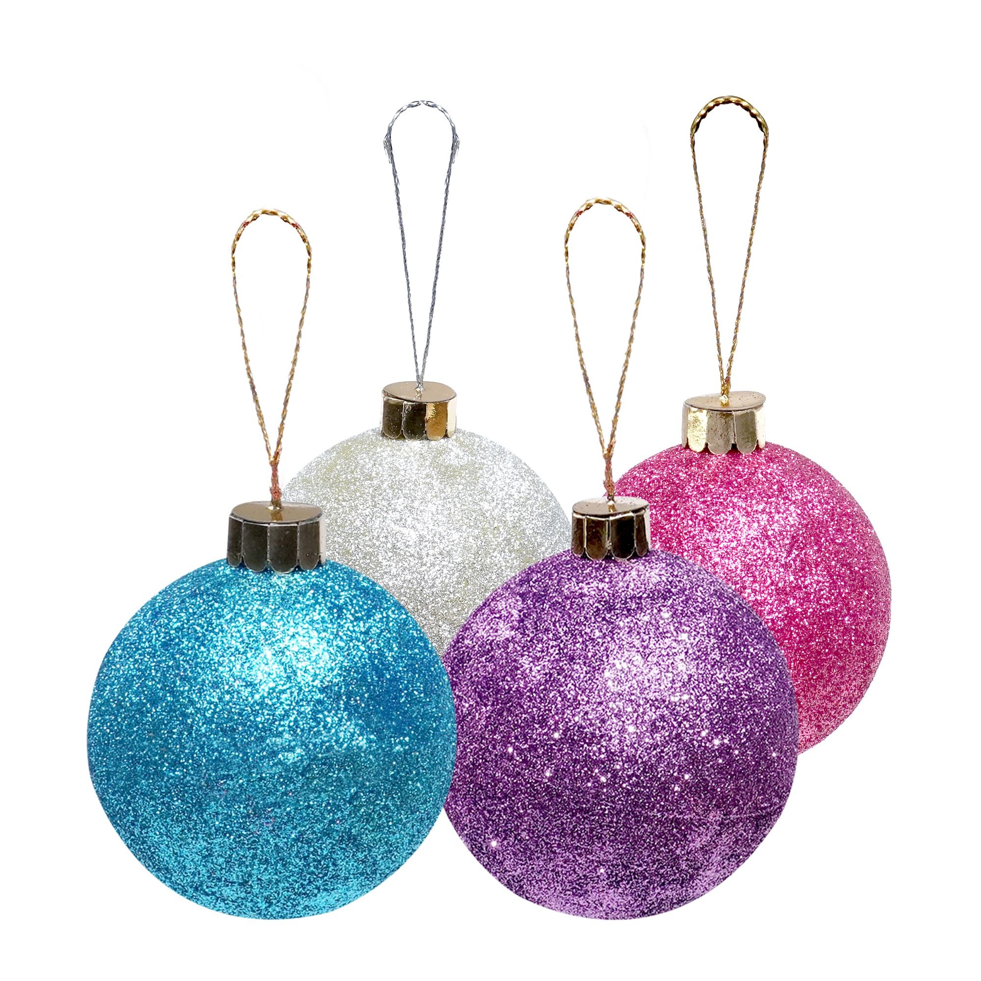 Handmade Christmas Ornaments - Glitter Baubles, 70mm, Assorted Colours - Blue, Purple, Silver, Pink, 4pc