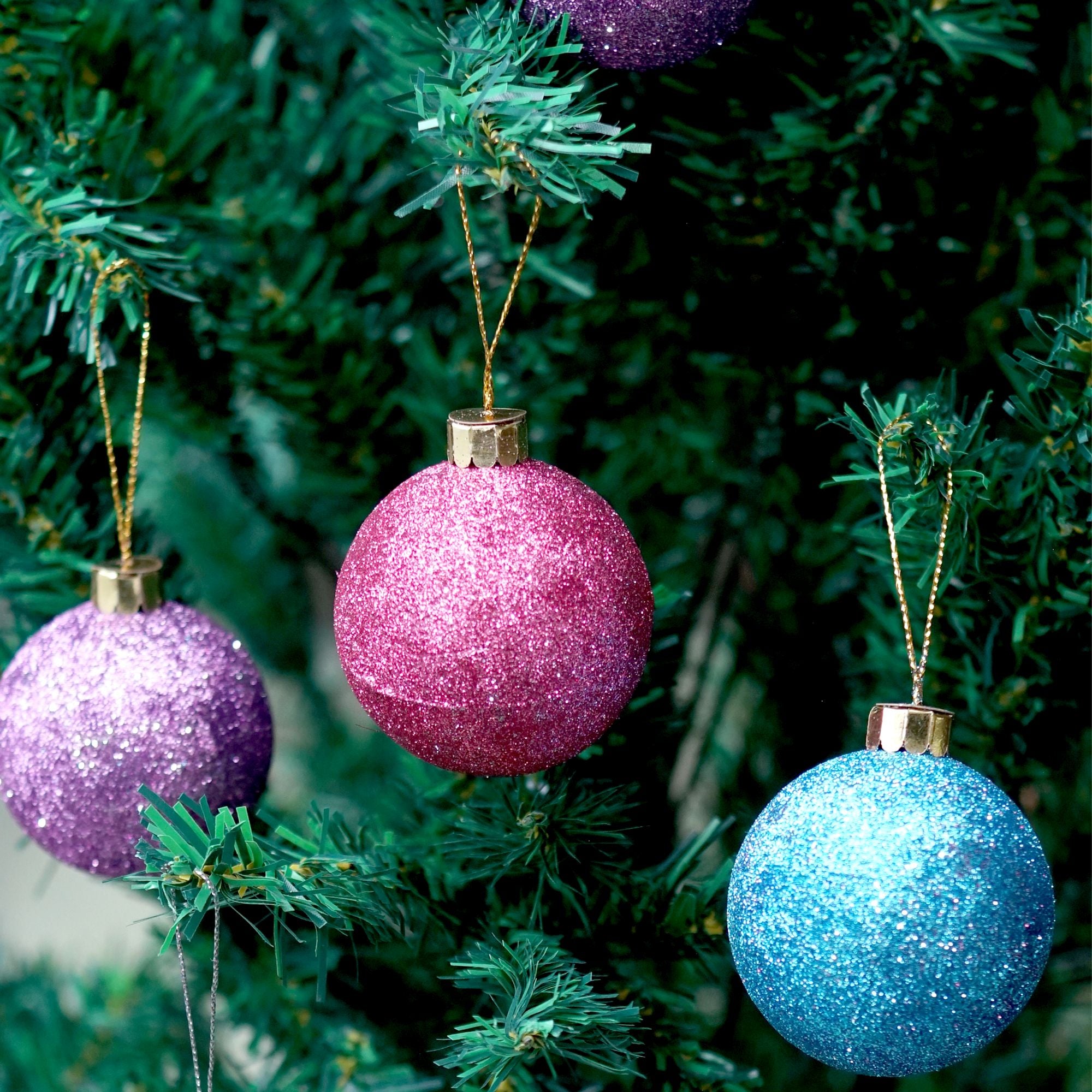 Handmade Christmas Ornaments - Glitter Baubles, 60mm, Assorted Colours Blue, Purple, Silver, Pink, 6pc