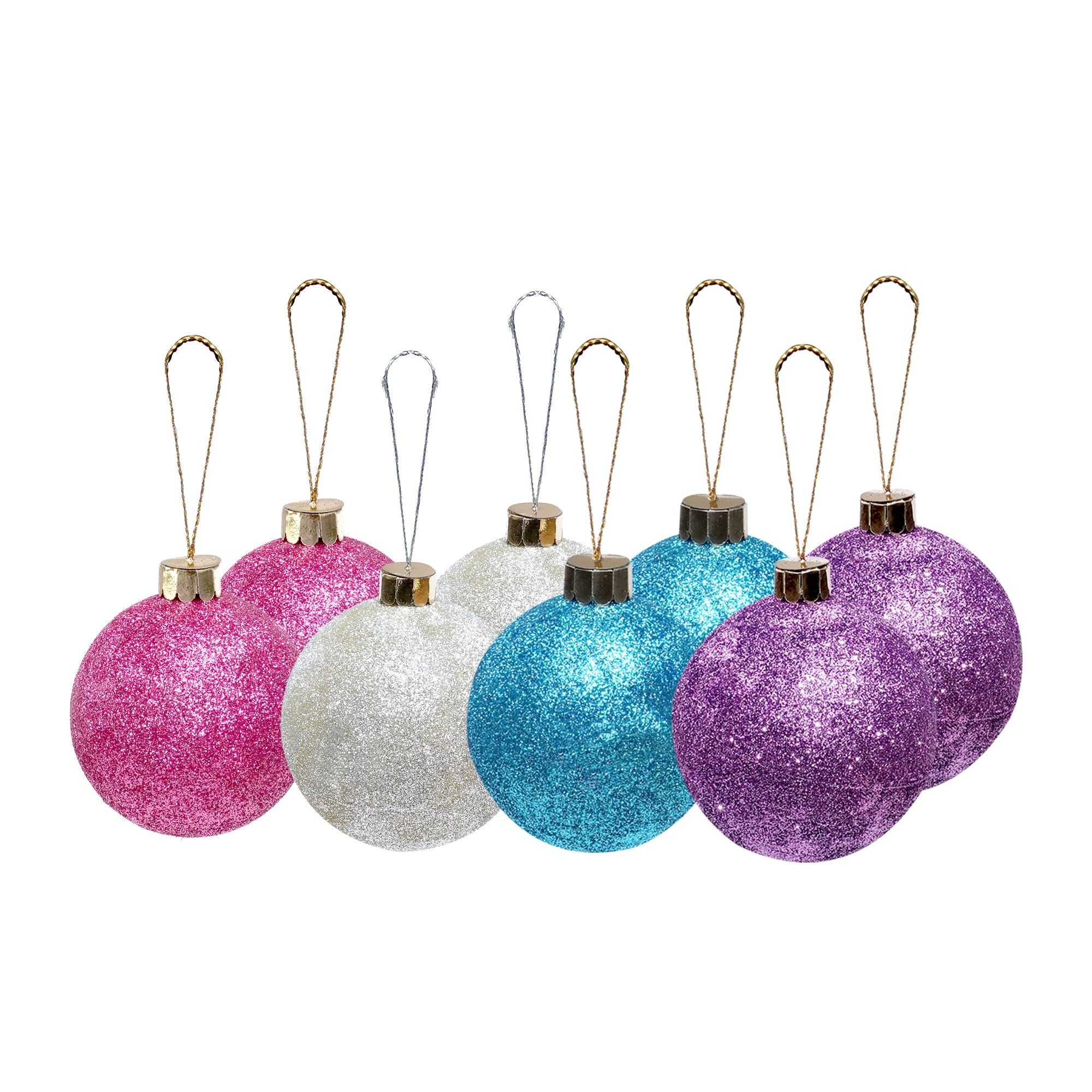 Handmade Christmas Ornaments - Glitter Baubles, 50mm, Assorted Colours - Blue, Purple, Silver, Pink, 8pc