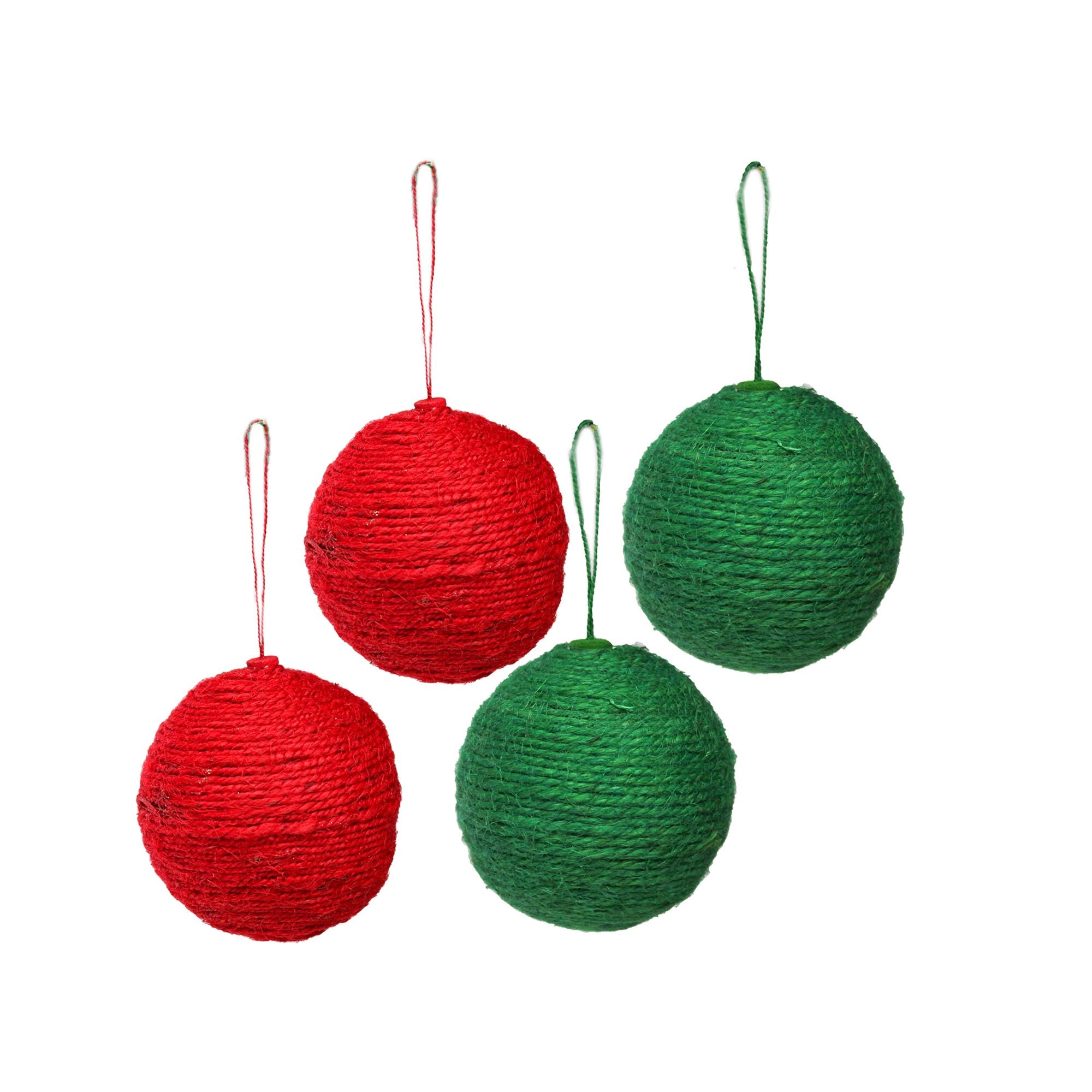 Handmade Christmas Ornaments - Jute Baubles, 60mm, Assorted Colours - Red, Green, 4pc