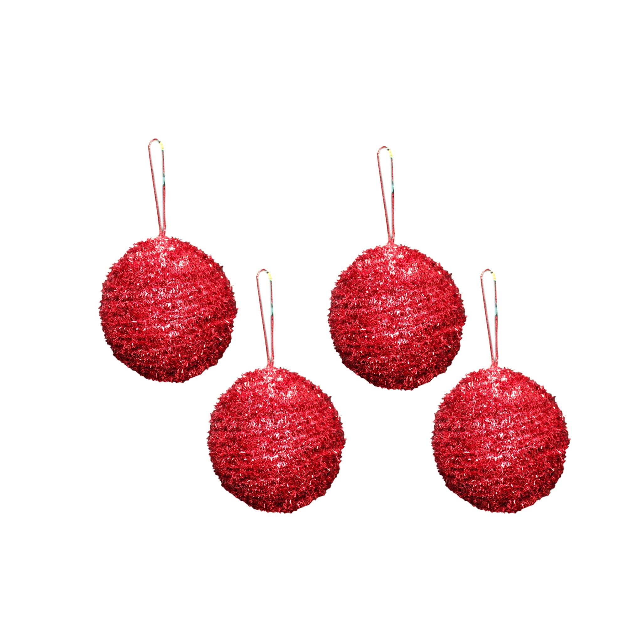 Handmade Christmas Ornaments - Tinsel Baubles, 60mm, Red, 4pc