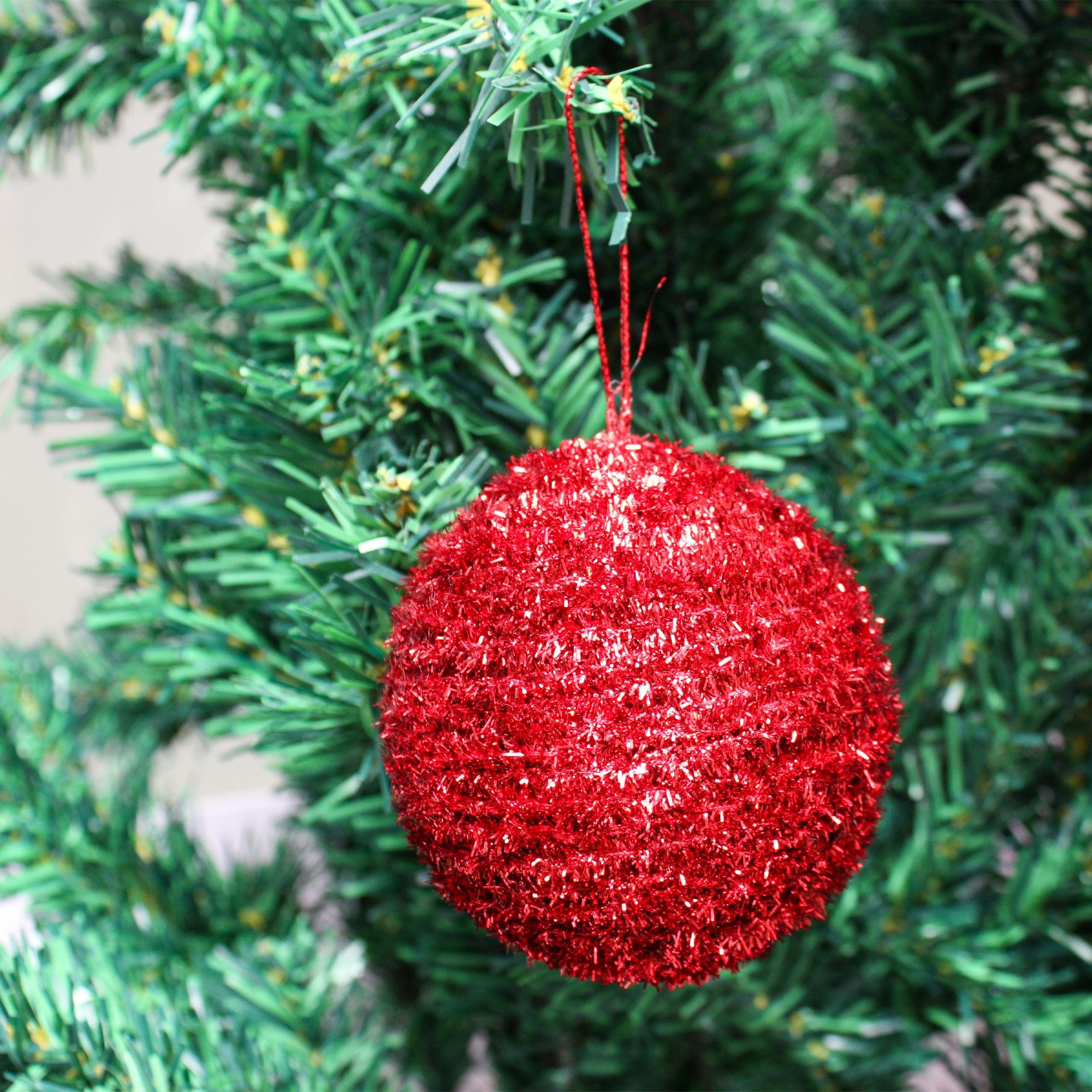 Handmade Christmas Ornaments - Tinsel Baubles, 60mm, Red, 4pc