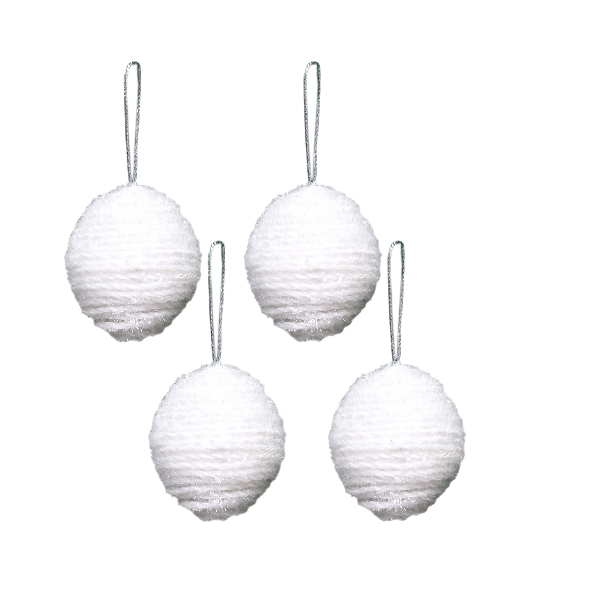 Handmade Christmas Ornaments -Tinsel Baubles, 60mm, Snow White, 4pc