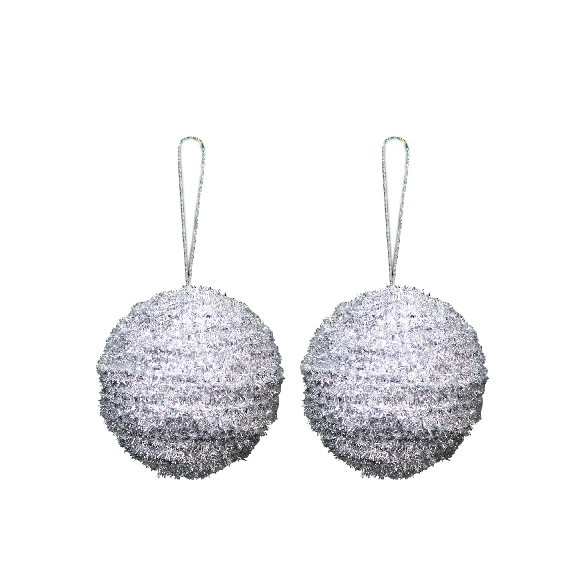 Handmade Christmas Ornaments - Tinsel Baubles, 70mm, Silver, 2pc
