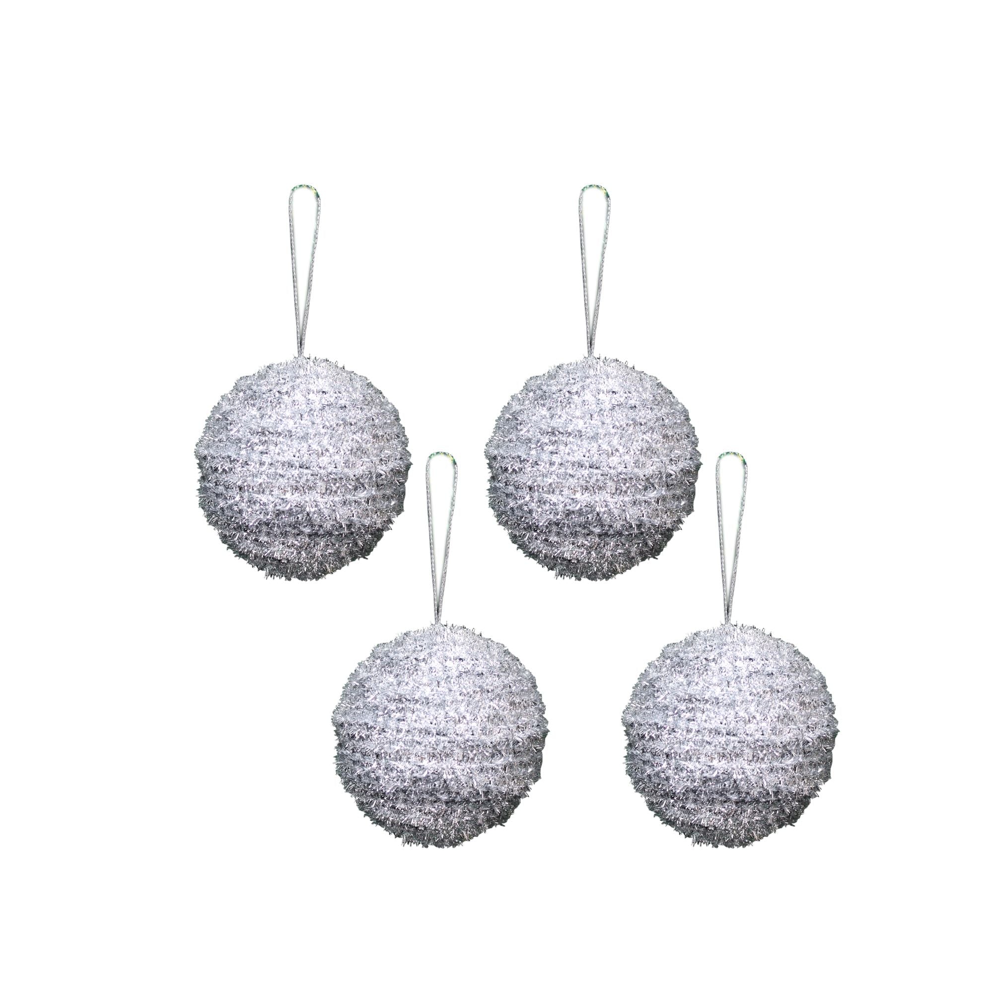 Handmade Christmas Ornaments - Tinsel Baubles - 50mm, Silver, 4pc