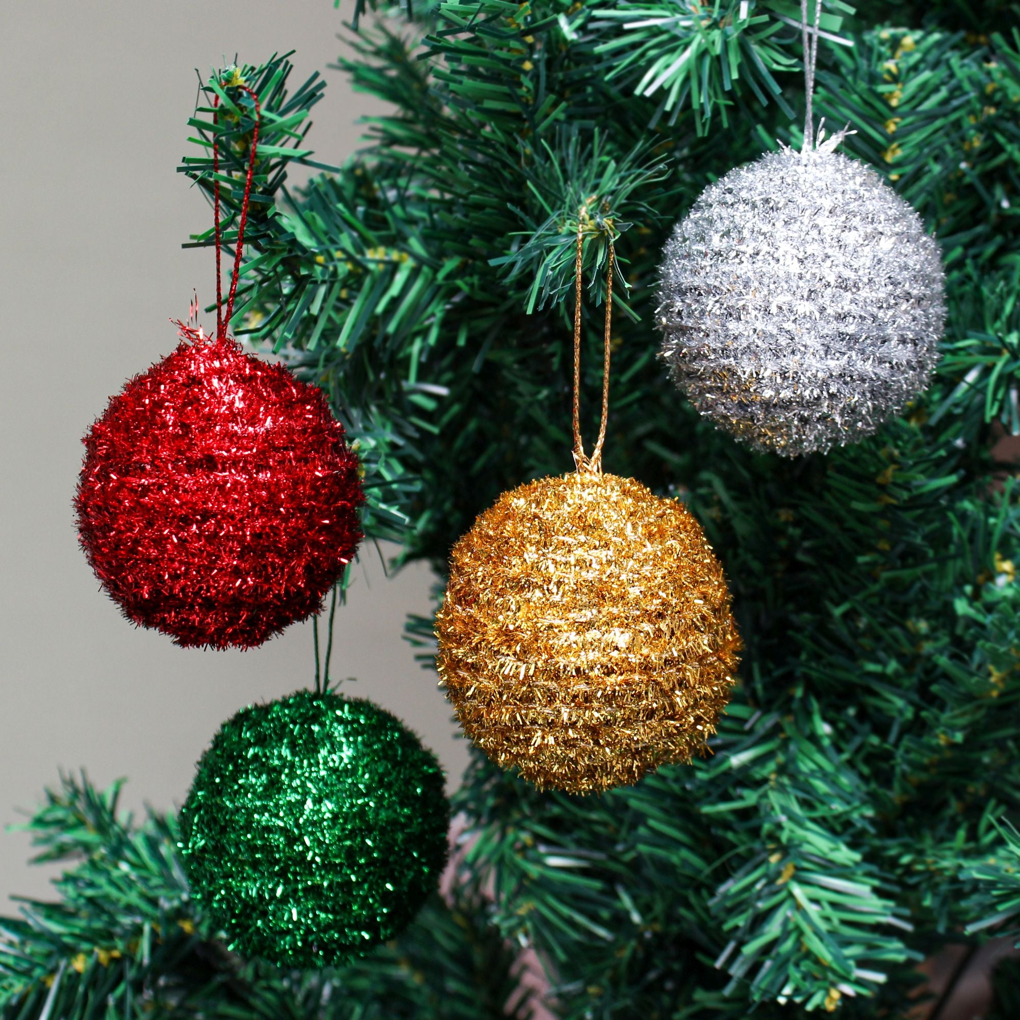 Handmade Christmas Ornaments - Tinsel Baubles, 60mm, Assorted Colours -  Red, Green, Silver, Gold, 4pc