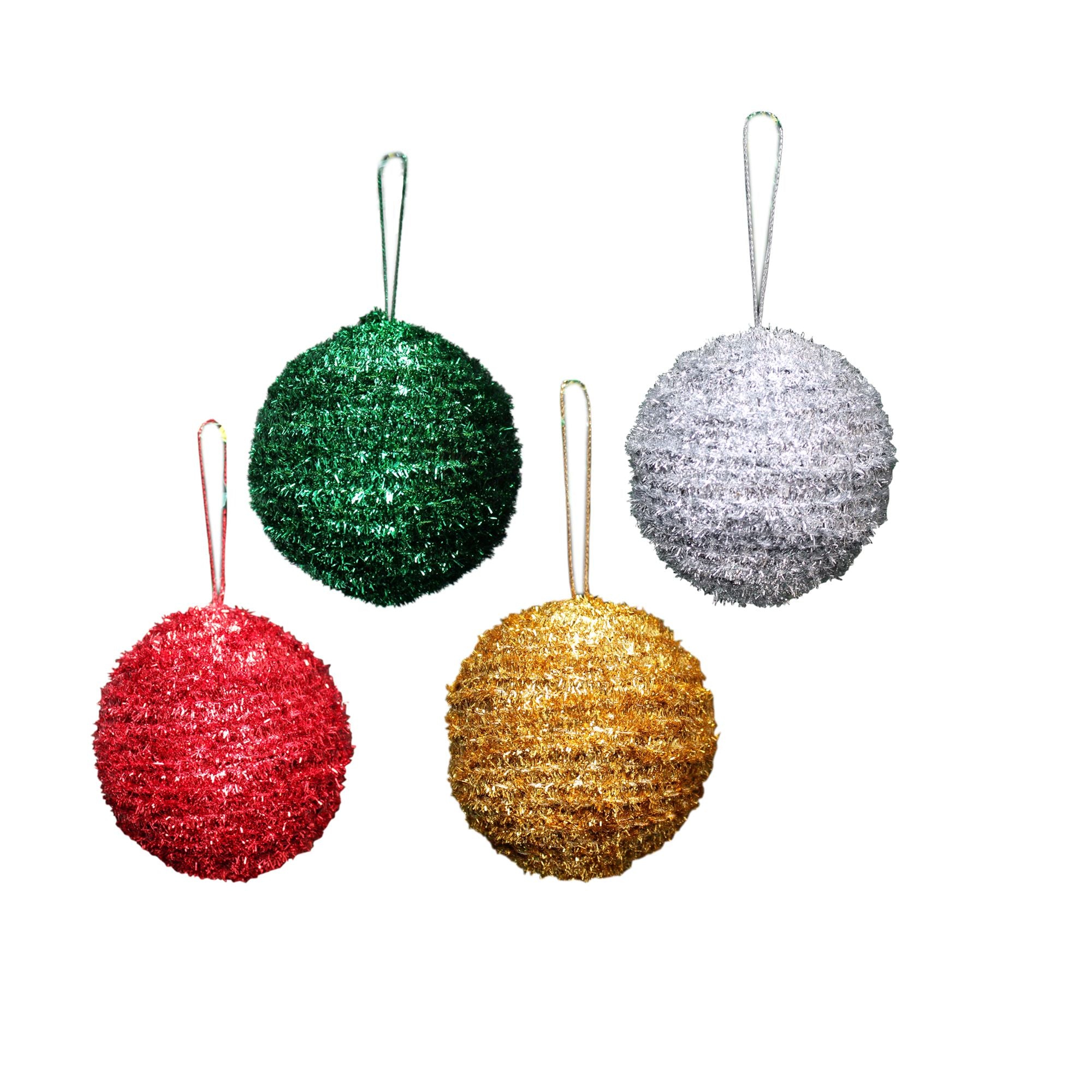Handmade Christmas Ornaments - Tinsel Baubles, 50mm, Assorted Colours -  Red, Green, Silver, Gold, 4pc