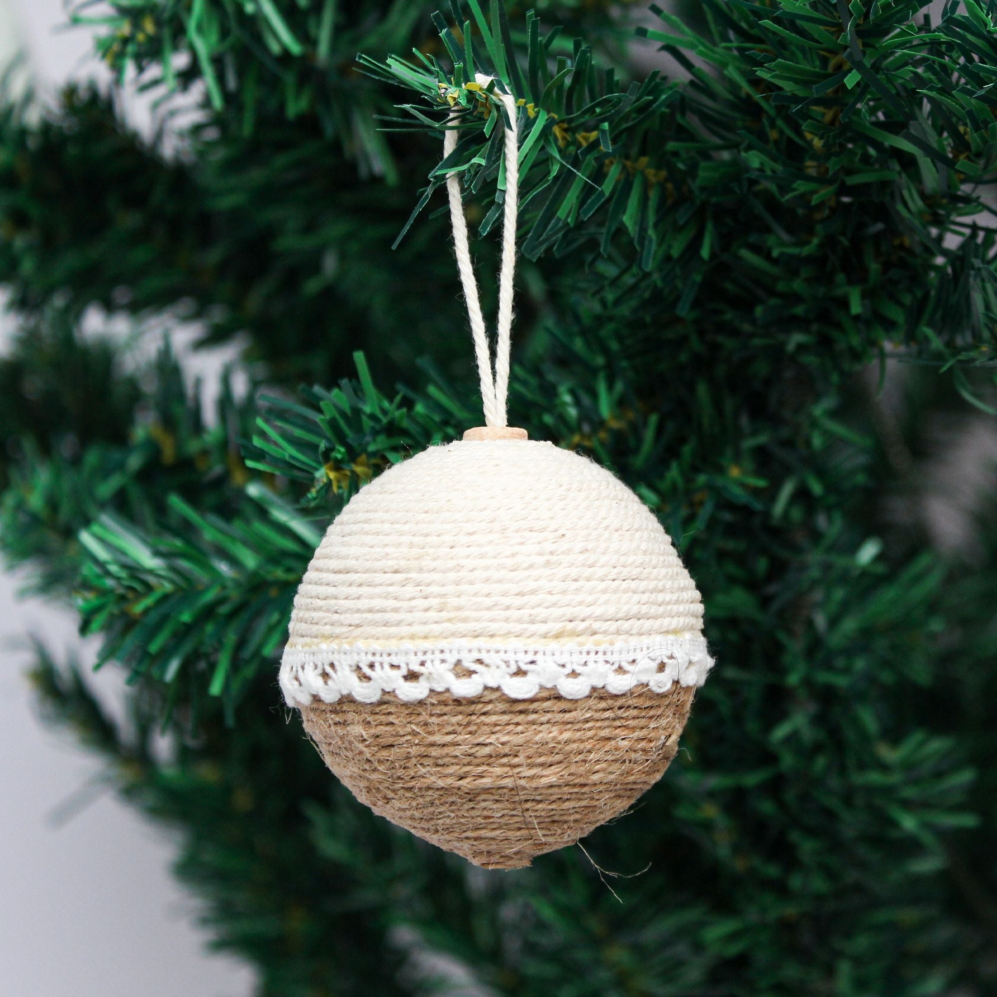 Handmade Christmas Ornaments - Jute and Cotton Thread Baubles, 50mm, 4pc