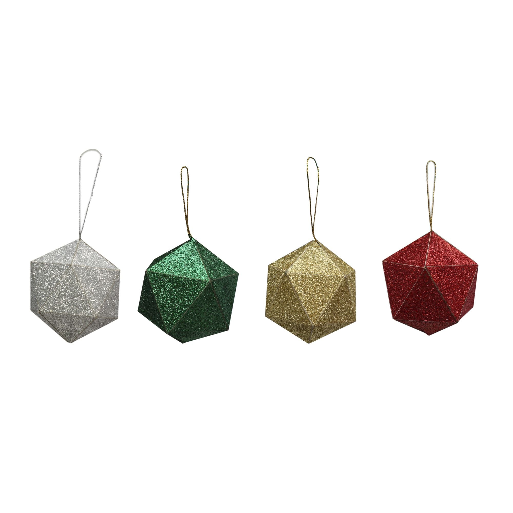 Handmade Christmas Trapezoid Hanging  Glitter Ornaments, 65mm, Assorted Colours- Gold, Red, Green, Silver, 4pc