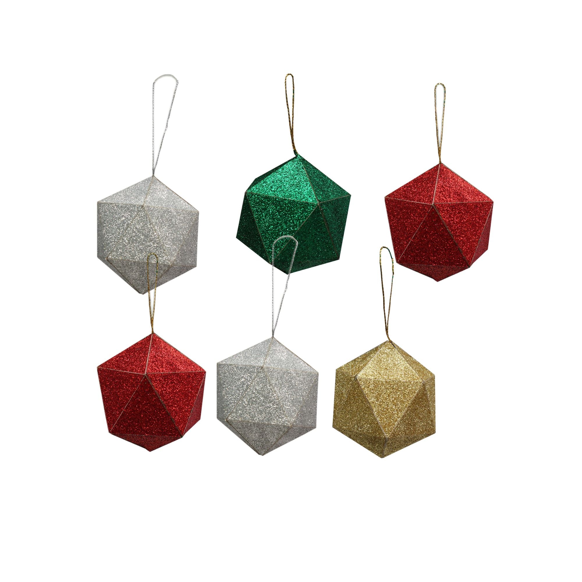 Handmade Christmas Trapezoid Hanging  Glitter Ornaments, 60mm, Assorted Colours- Gold, Red, Green, Silver, 6pc