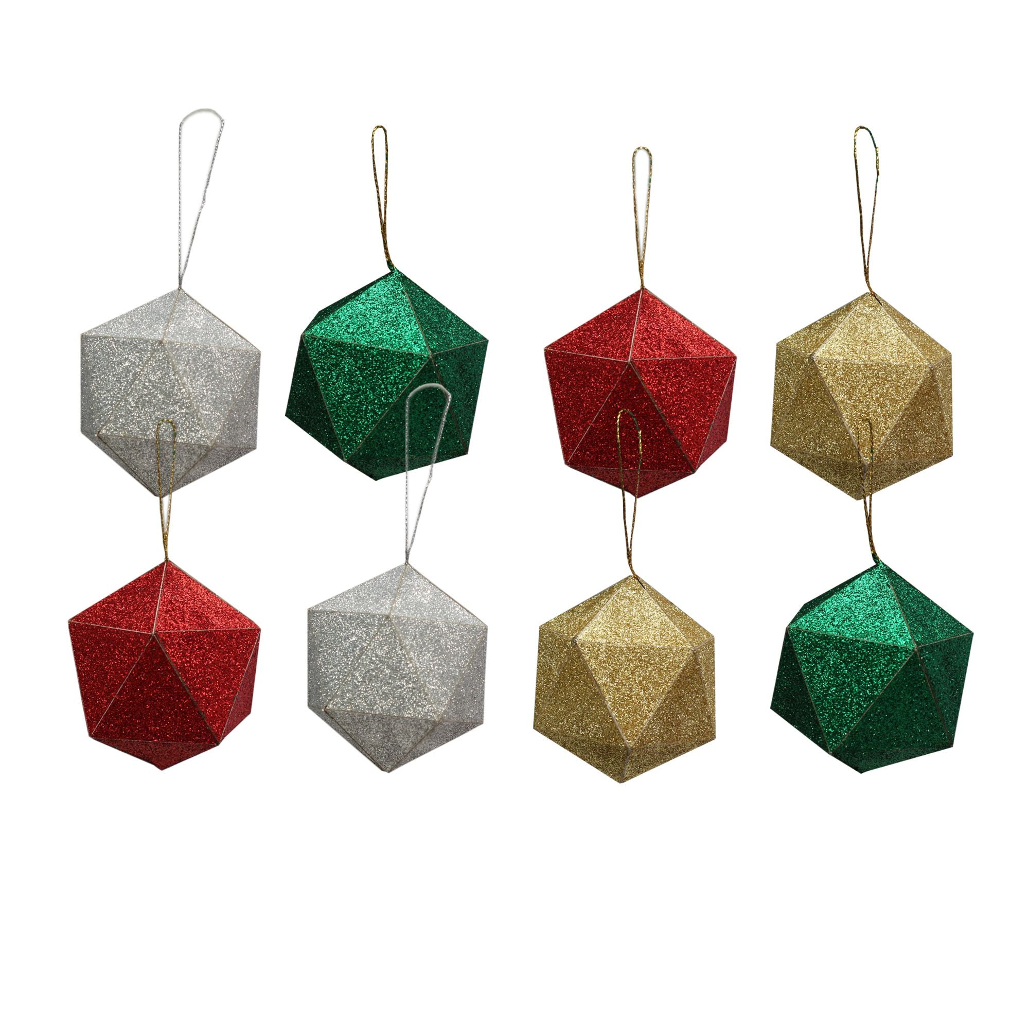 Handmade Christmas Trapezoid Hanging  Glitter Ornaments, 45mm, Assorted Colours- Gold, Red, Green, Silver, 8pc
