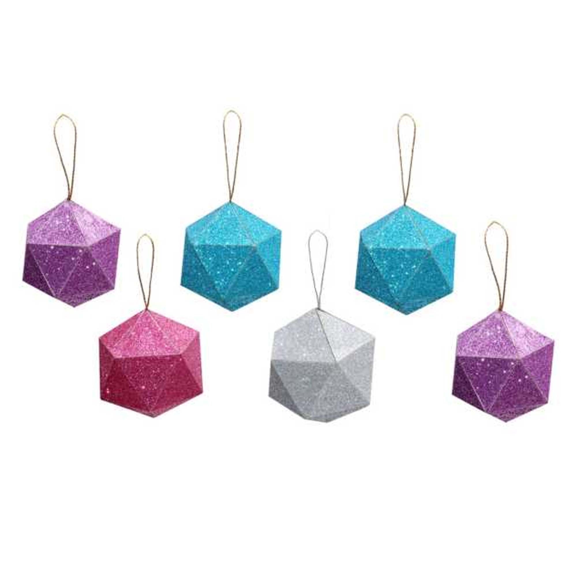 Handmade Christmas Trapezoid Hanging Glitter Ornaments, 60mm, Assorted Colours - Blue, Purple, Silver, Pink, 6pc