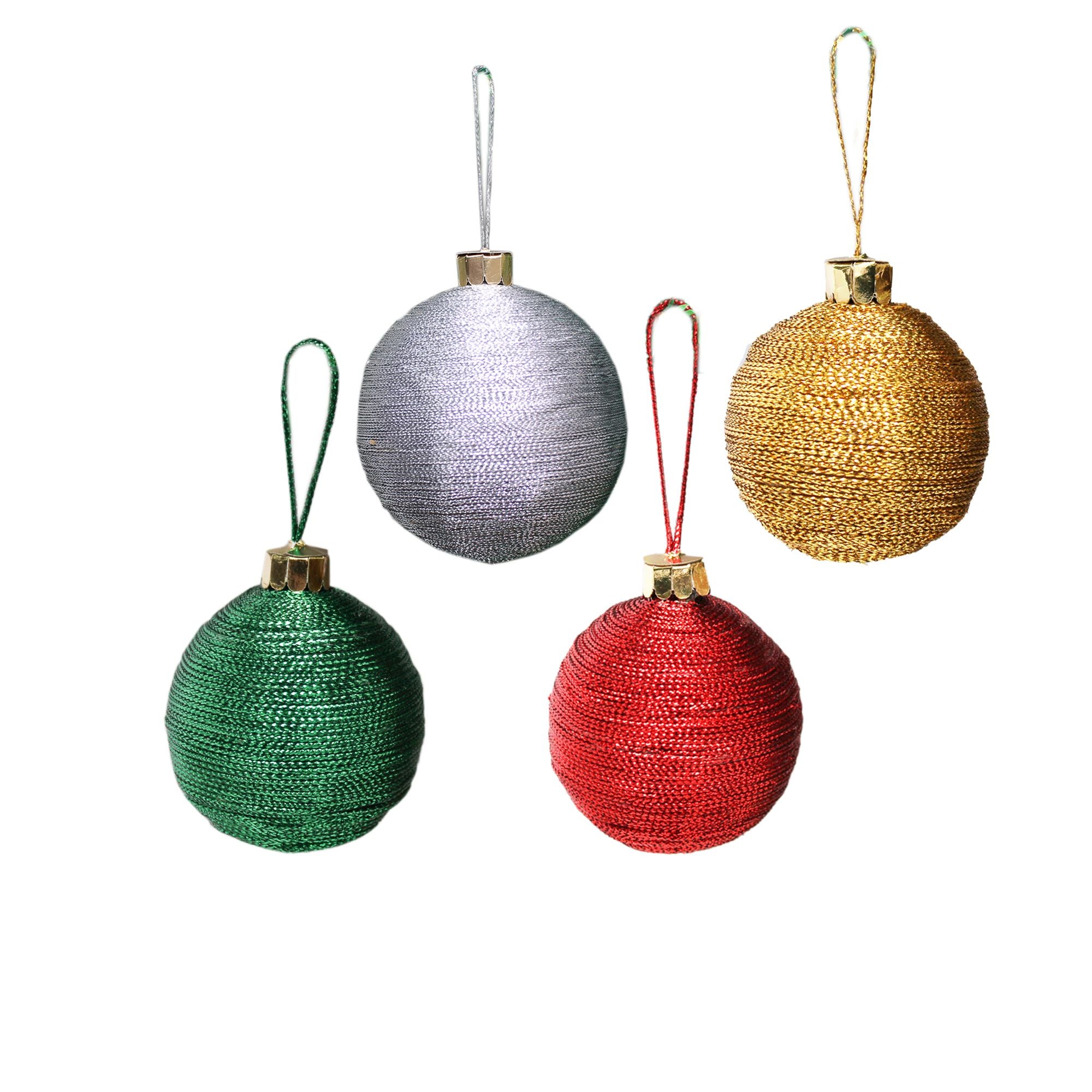 Handmade Christmas Ornaments - Lurex Baubles, 50mm, Assorted Colours - Red, Green, Gold, Silver, 4pc