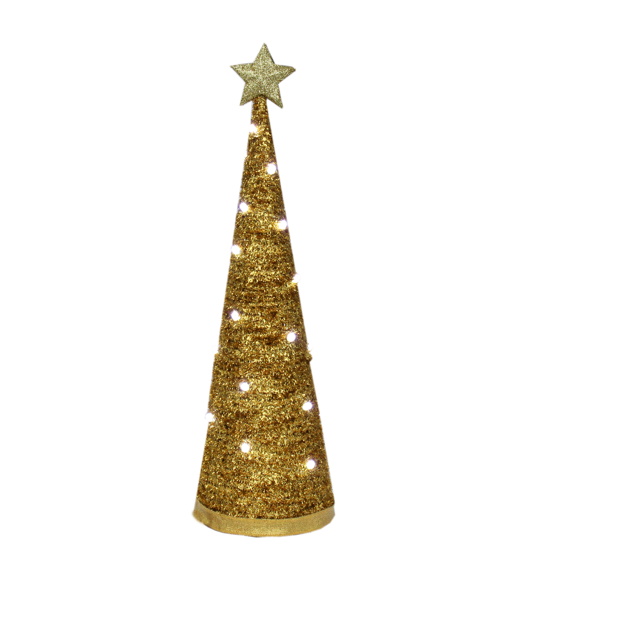 Handmade Conical Christmas Tinsel Tree with LED Light, 14.5 X 4inch, Gold, 1pc