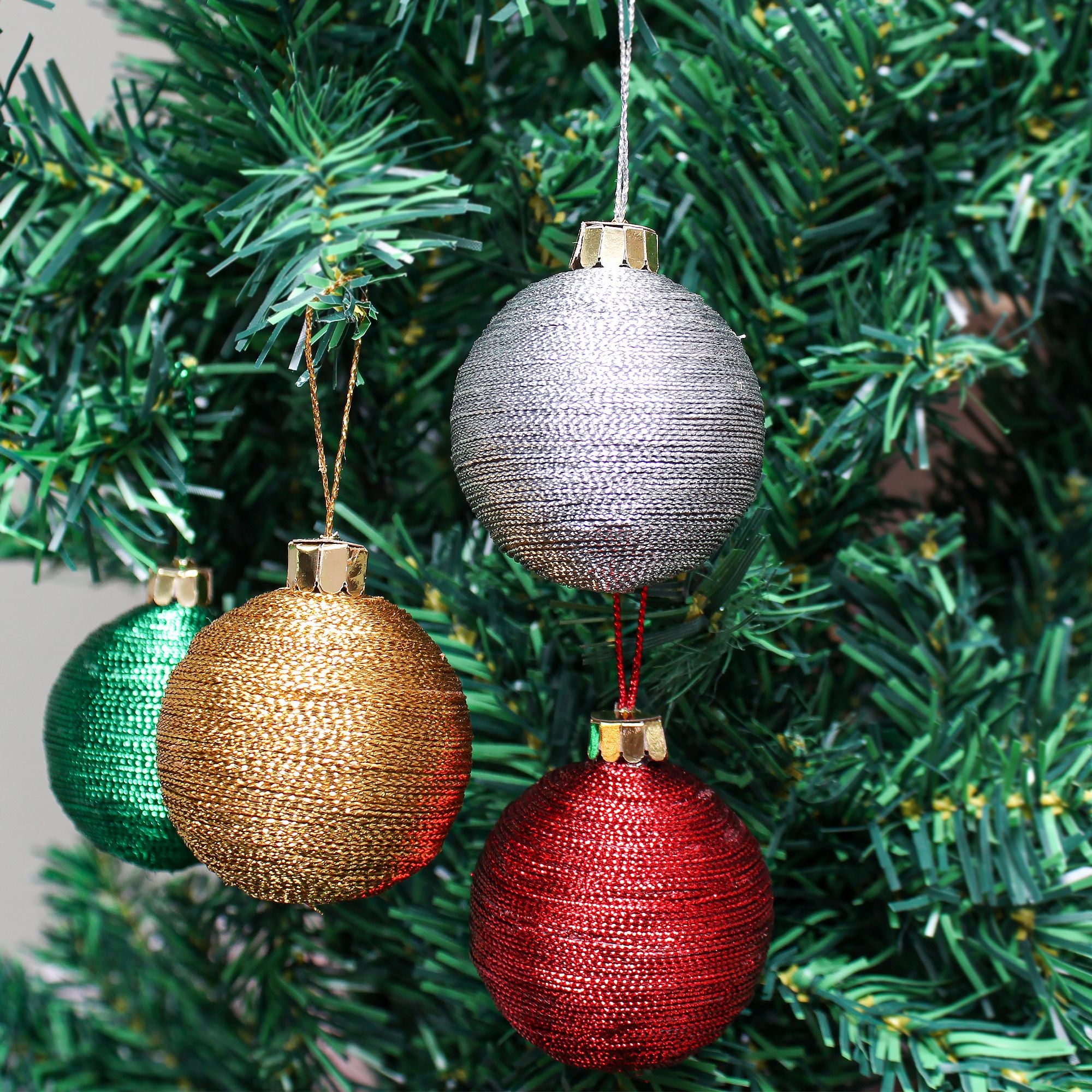 Handmade Christmas Ornaments - Lurex Baubles, 50mm, Assorted Colours - Red, Green, Gold, Silver, 4pc