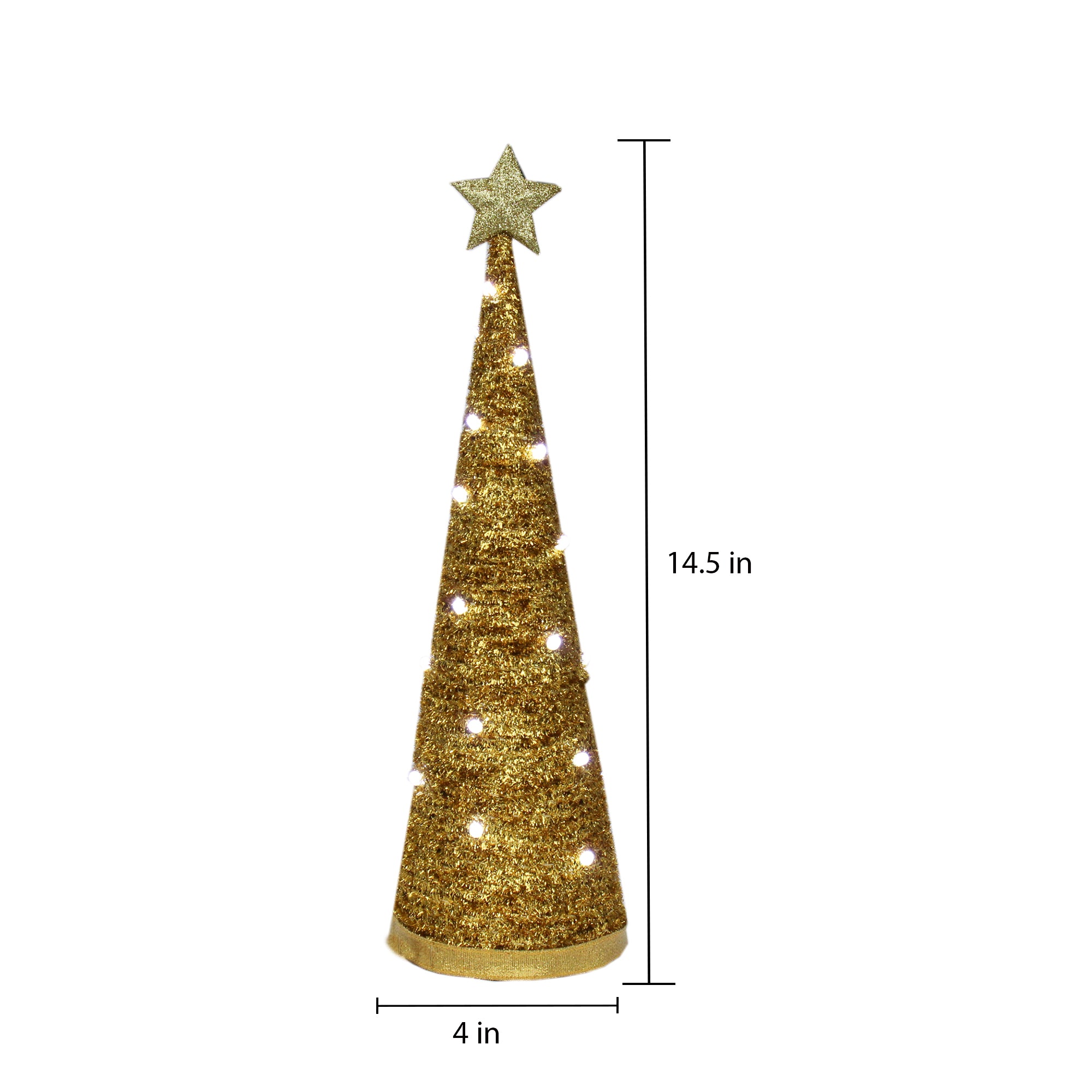 Handmade Conical Christmas Tinsel Tree with LED Light, 14.5 X 4inch, Gold, 1pc