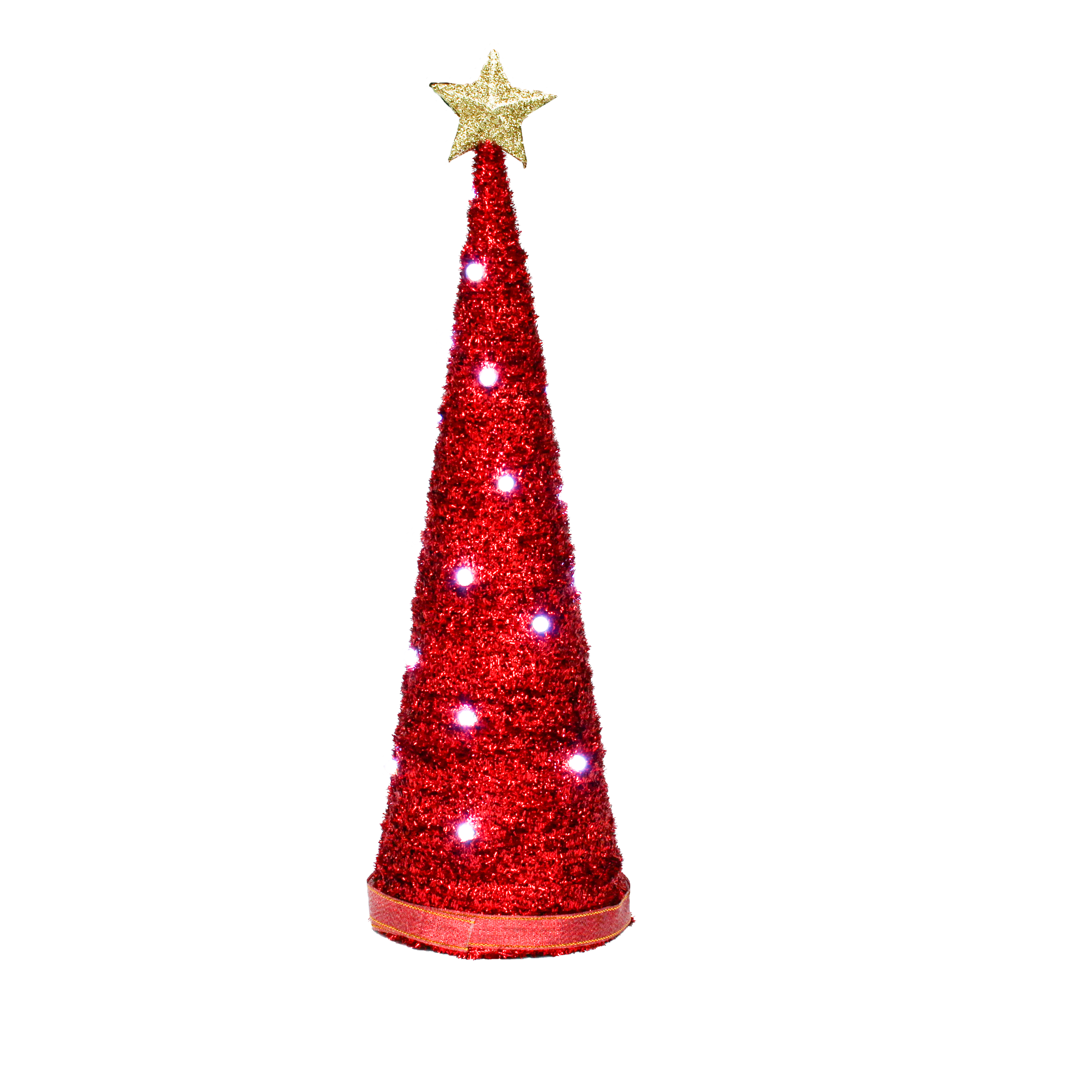 Handmade Conical Christmas Tinsel Tree with LED Light, 14.5 X 4inch, Red, 1pc