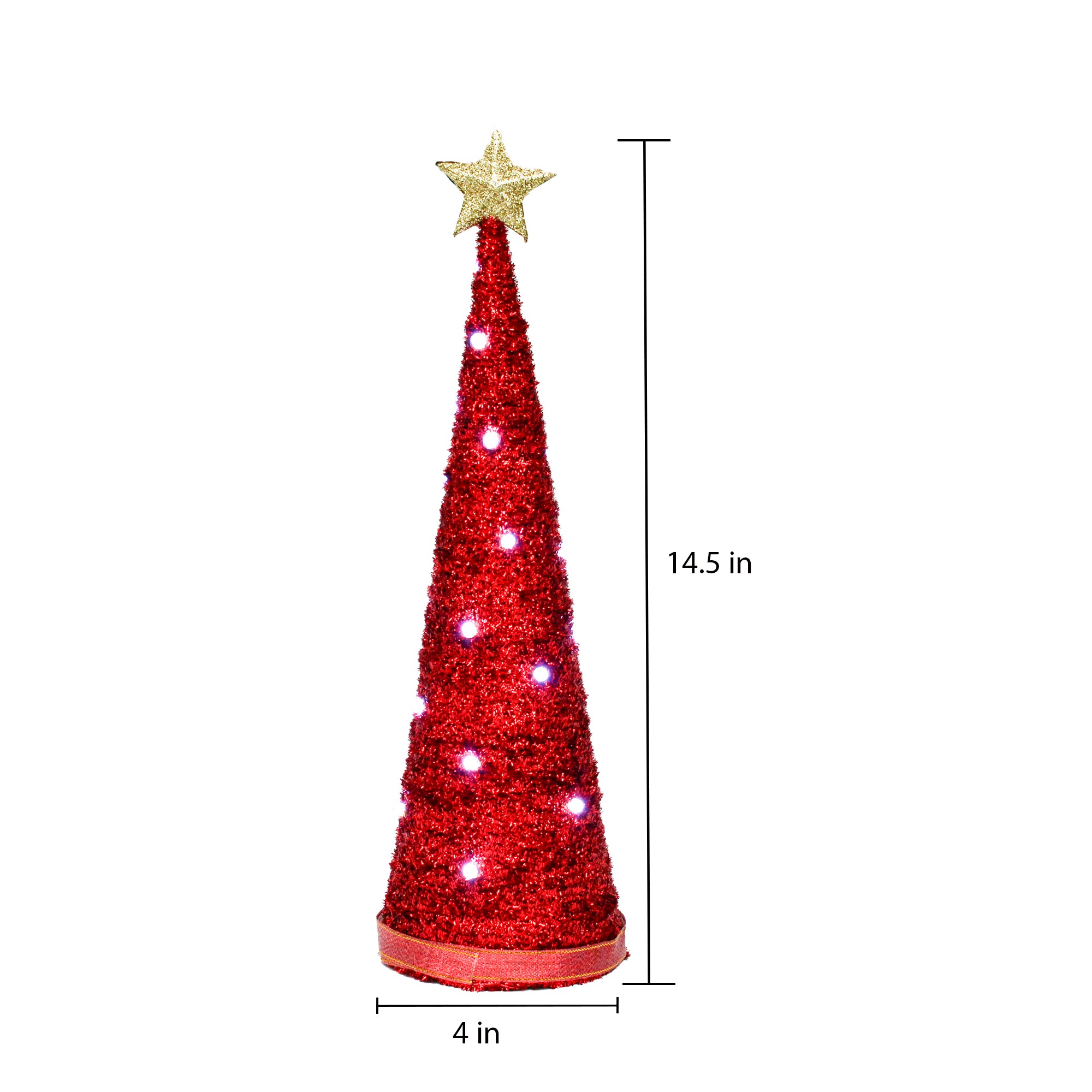 Handmade Conical Christmas Tinsel Tree with LED Light, 14.5 X 4inch, Red, 1pc