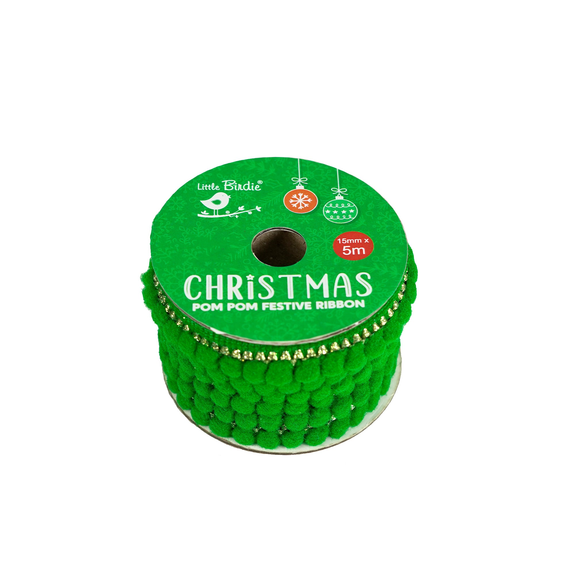 Christmas Pom Pom Festive Ribbon - 15mm, Green and Gold, 5mtr