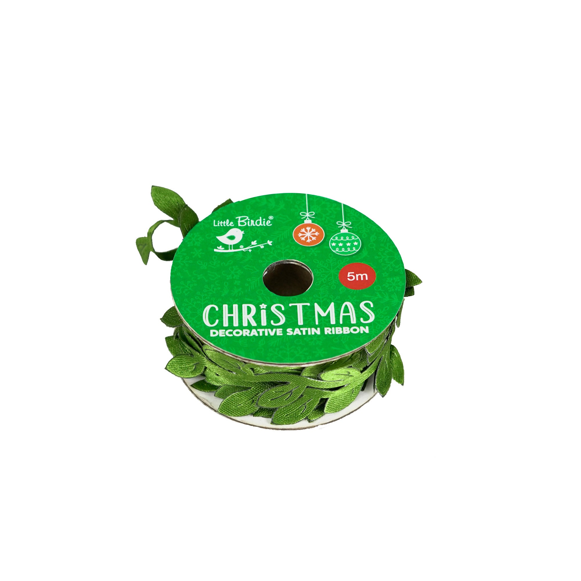 Christmas Decorative Satin Ribbon - Green Leaf, 5mtr