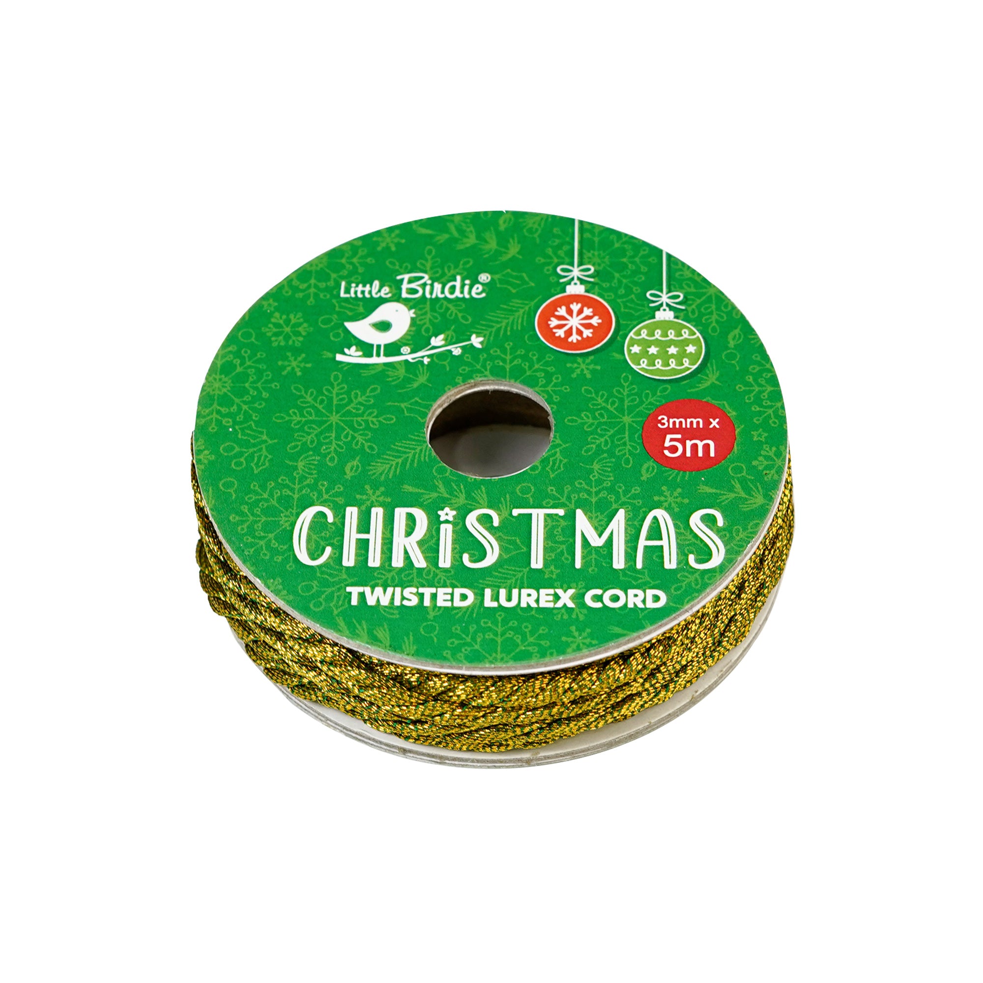 Christmas Twisted Lurex Cord 3ply - Green 5mm, 5mtr Roll