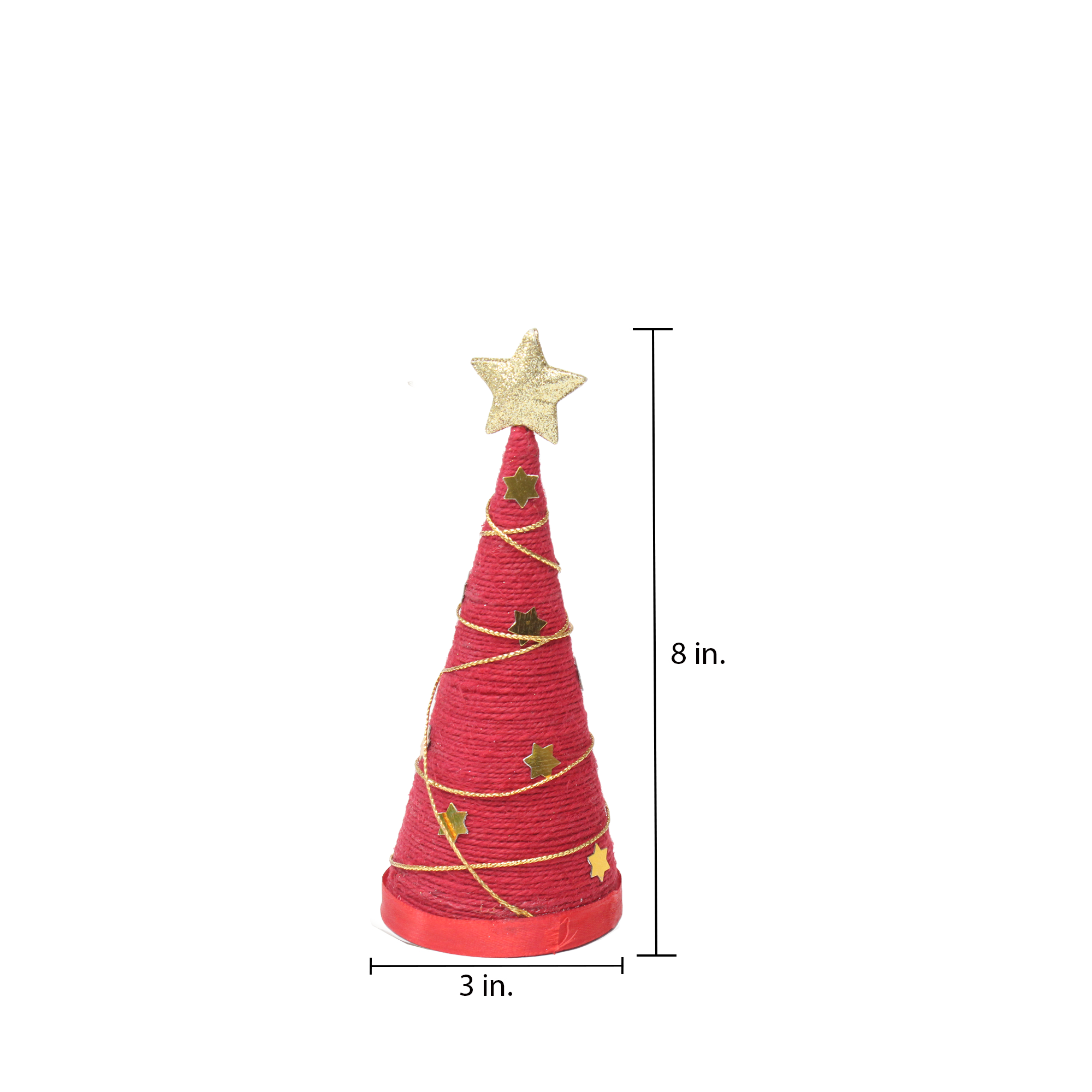 Handmade Conical Christmas Tree - Jute, Red, H8 X W3 inch, 1Pc