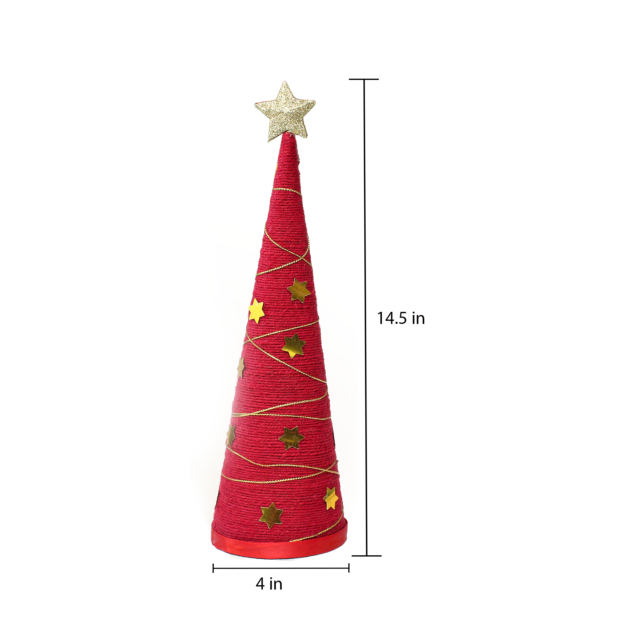 Handmade Conical Christmas Tree - Jute, Red, H14.5 X W4 inch, 1Pc