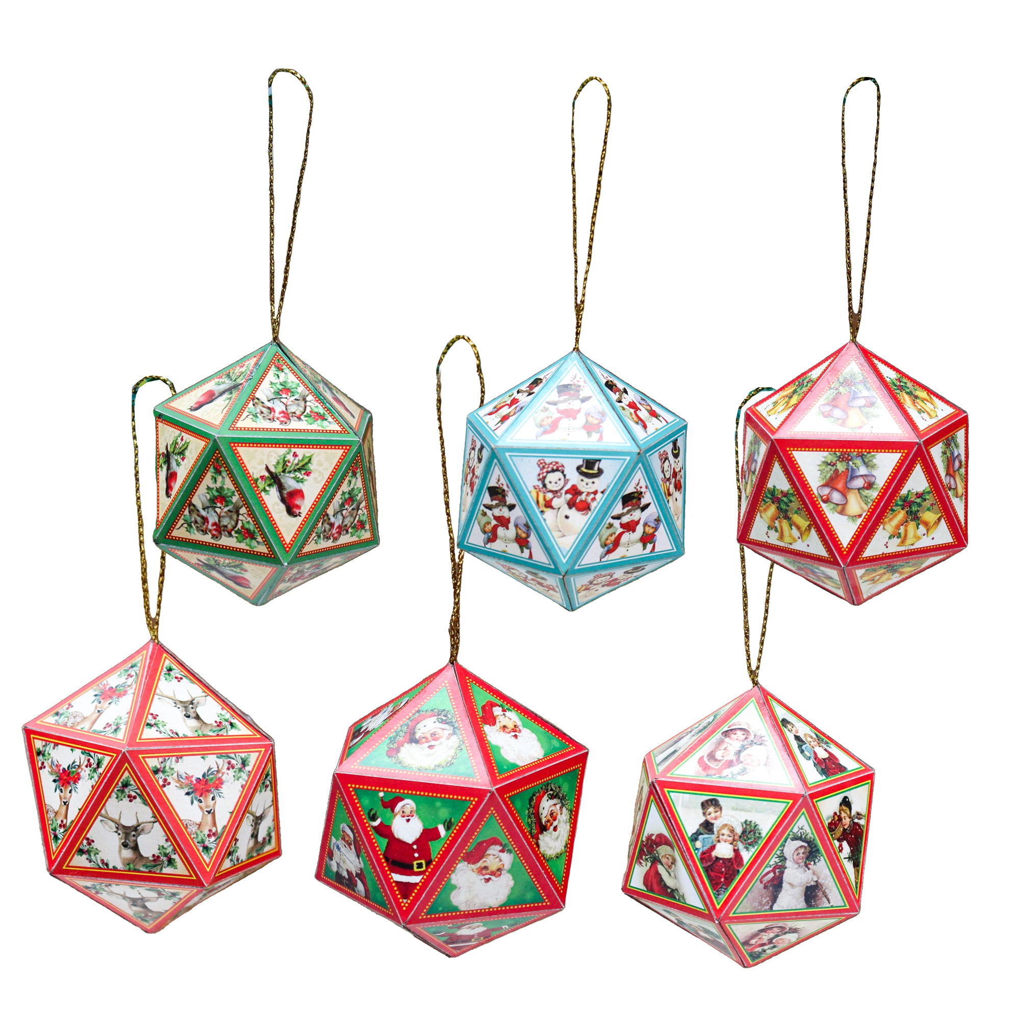 Handmade Foil Printed Christmas Ornaments -Trapezoid 60mm, Hexagonal Ball, 6pc