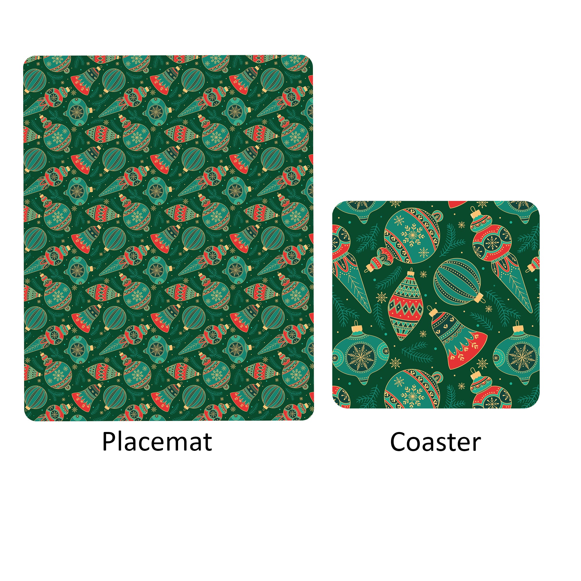 Foil Printed Christmas Placemat & Coaster Set - Christmas Ornaments, W12 x H15inches, W4 x H4inches,  6pc each