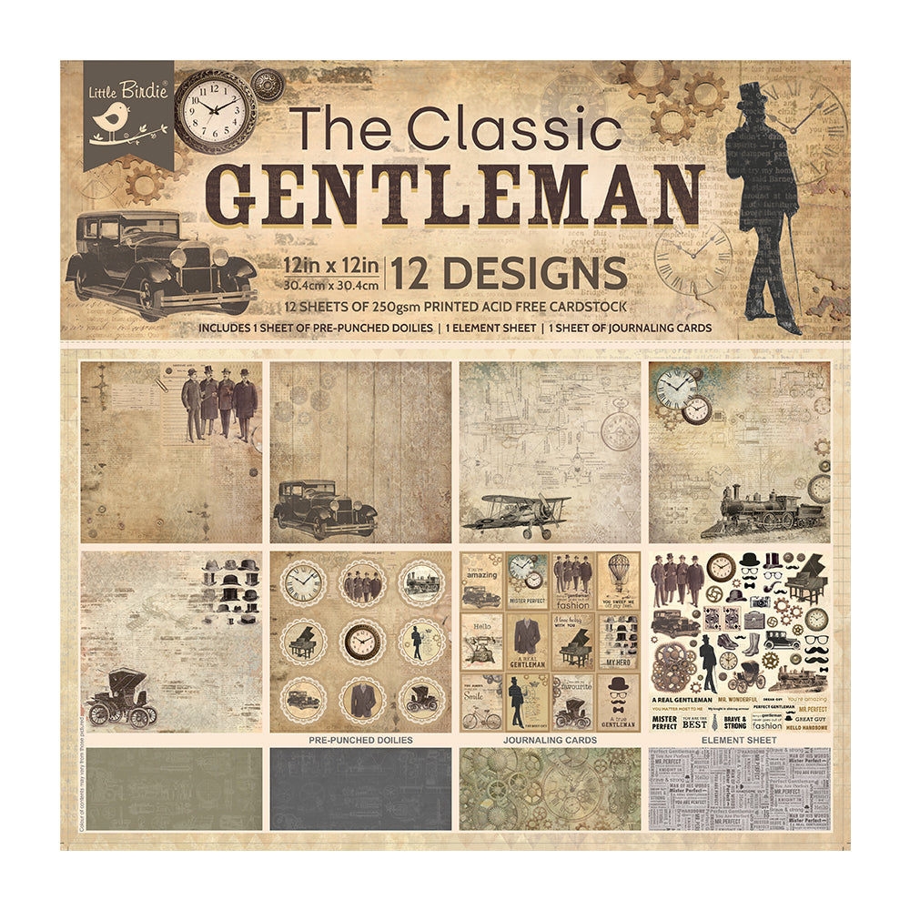Printed Cardstock Pack 12 x 12, 12 Designs, 250gsm - The Classic Gentleman